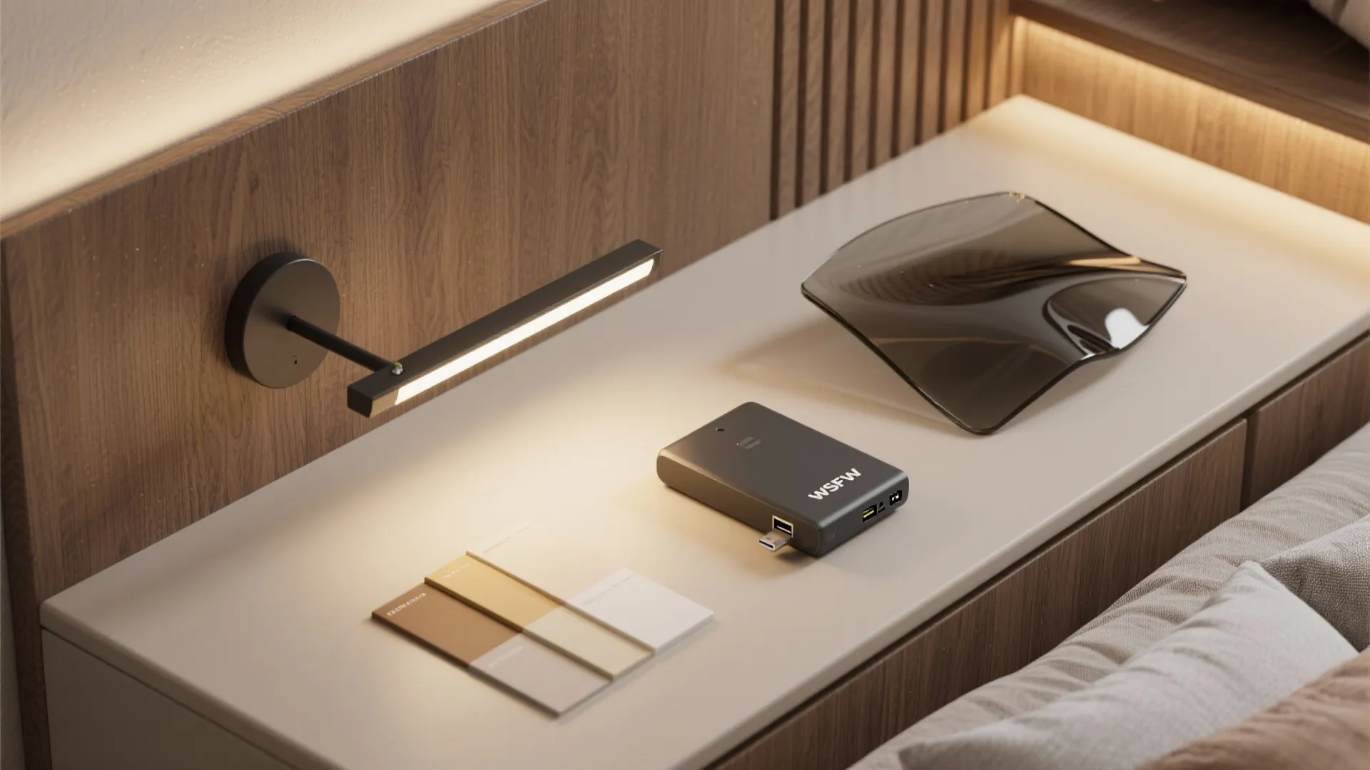 Close up of a modern black wall light illuminating a bedside table with electronic devices