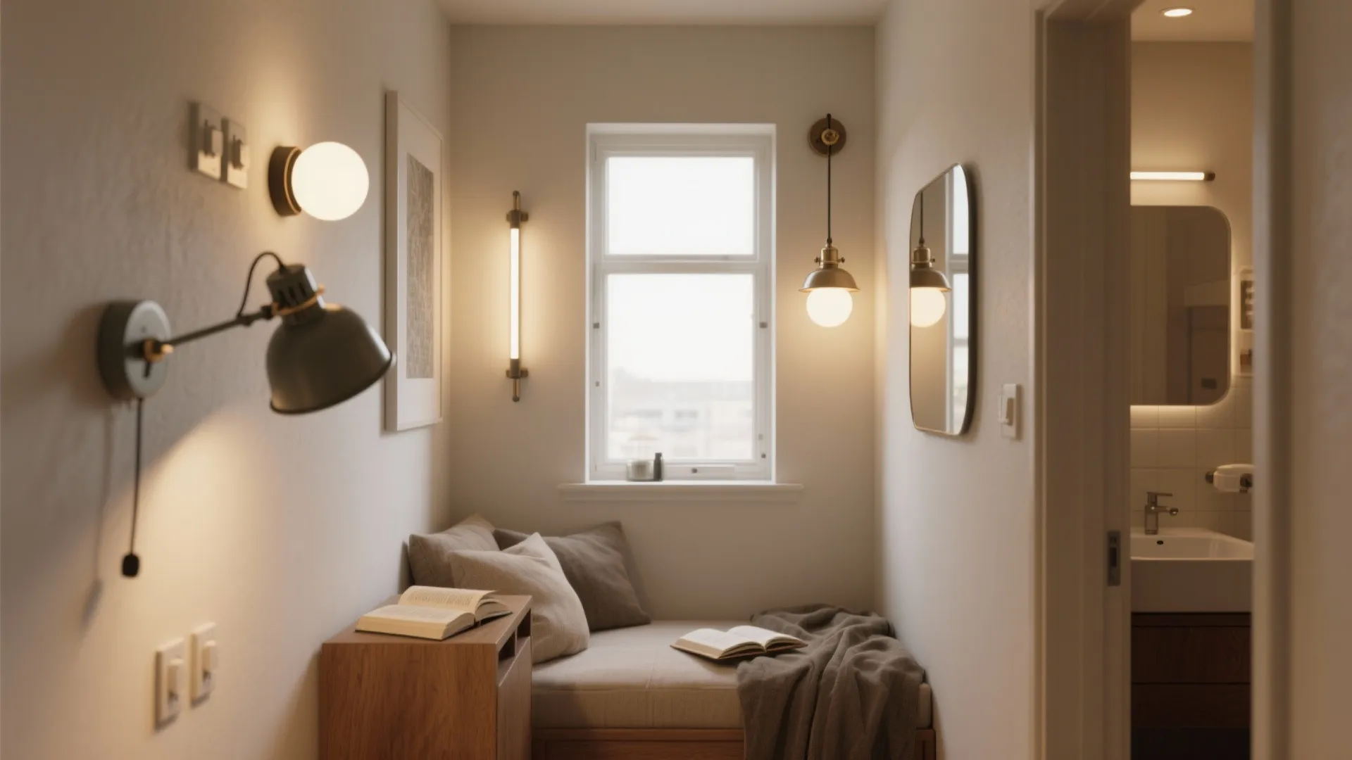 Small reading nook with a daybed several wall light fixtures and window with natural light