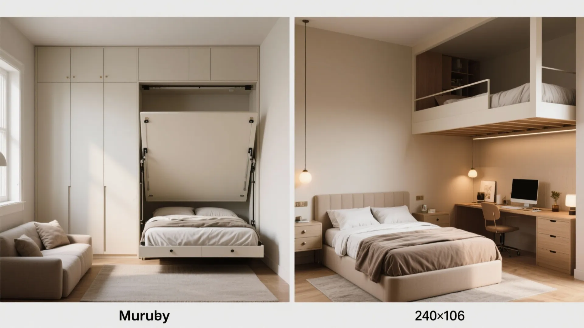 Side by side comparison showing a murphy bed in cabinet and a loft bed setup