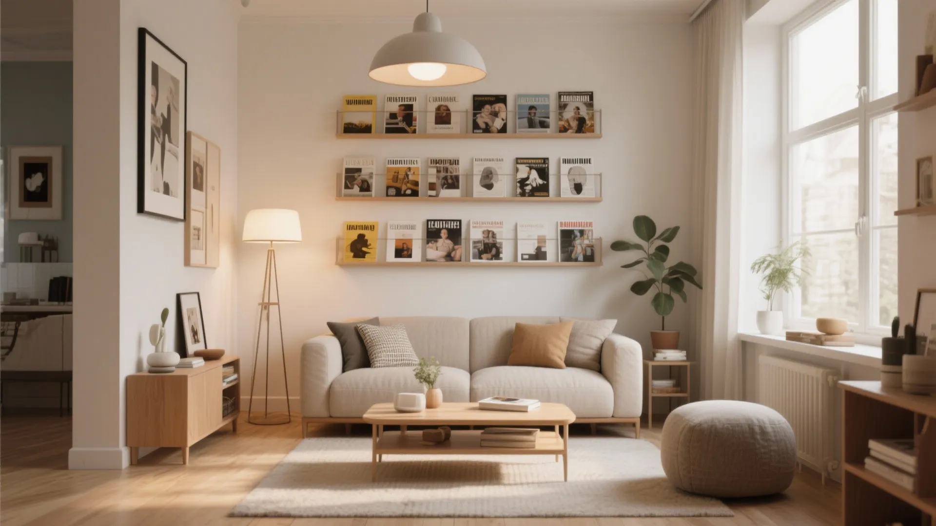 Modern living room with beige sofa wood coffee table rug plant and wall mounted magazine shelves