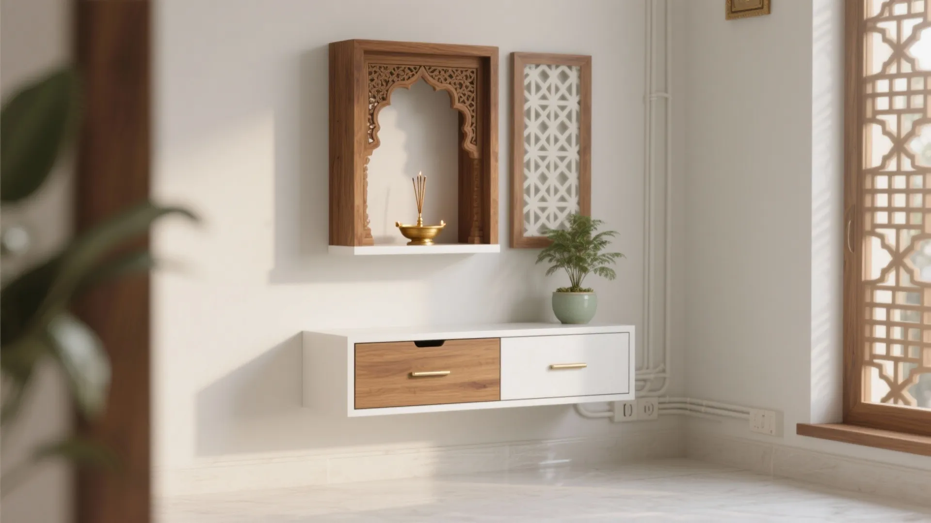 Minimalist Wall-Mounted Mandir with Hidden Storage