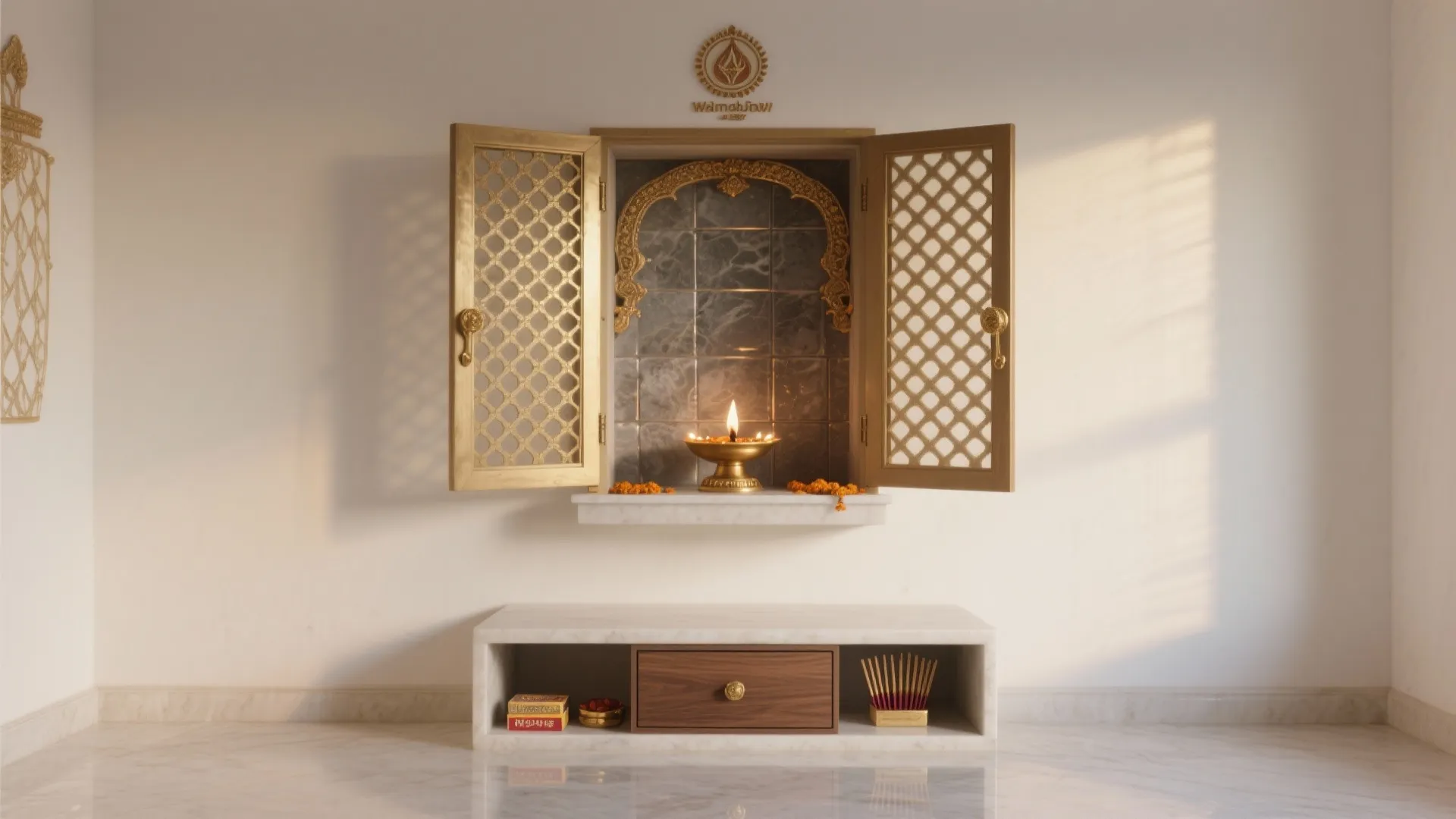 1) Wall-mounted mandir with smart doors