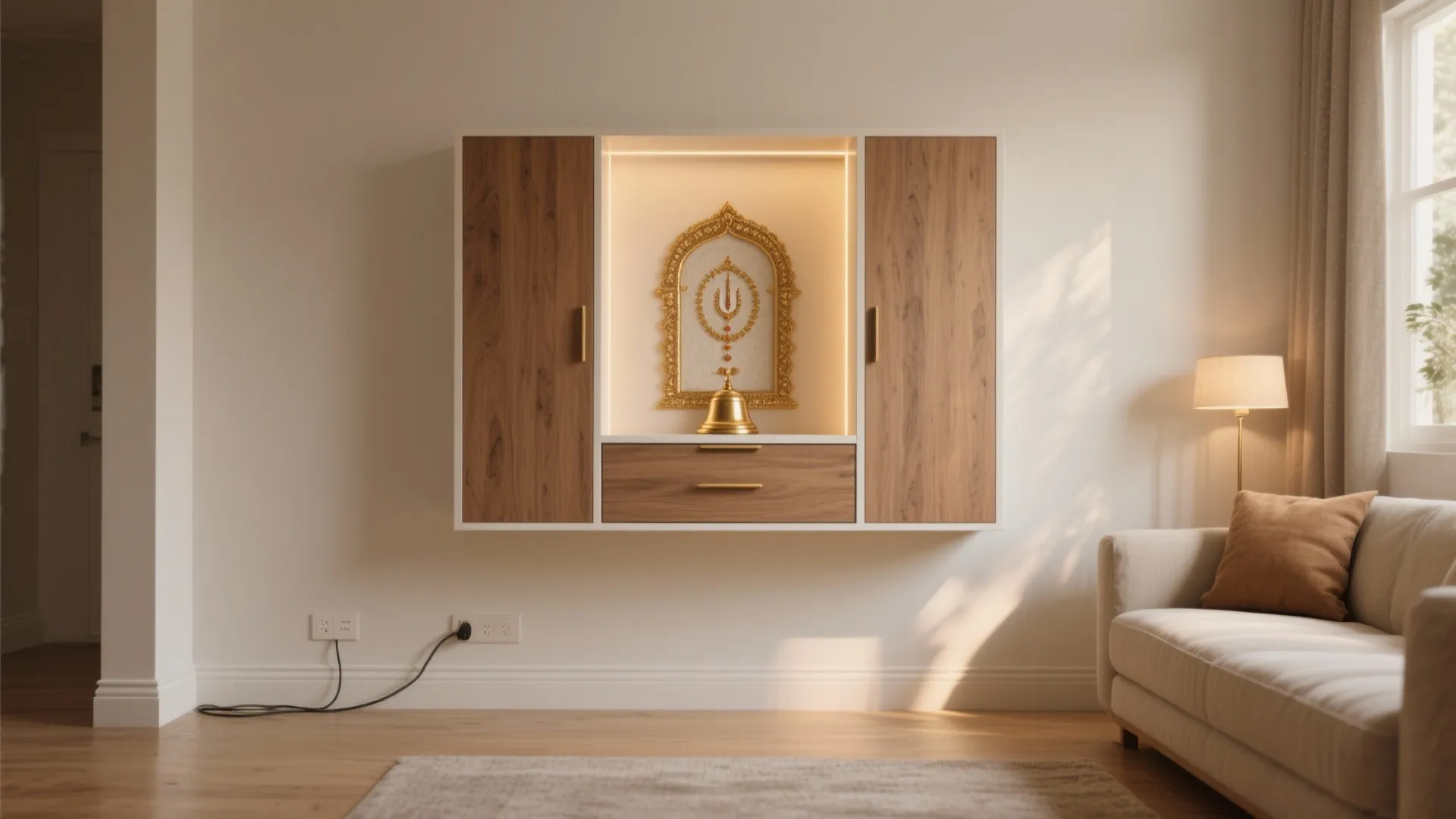 Wall mounted wooden cabinet with a lighted prayer niche and gold bell in a living room