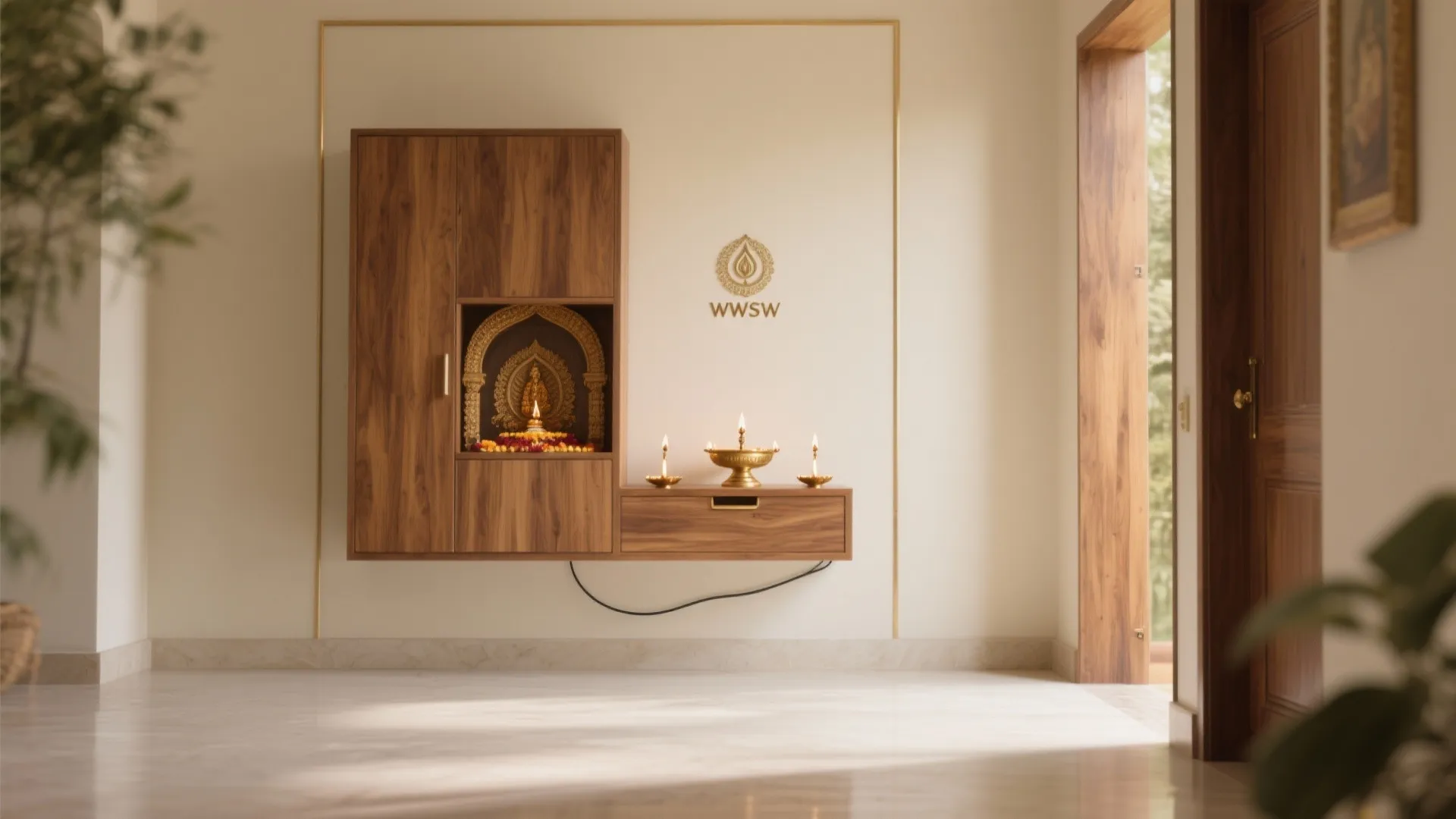 Minimalist wood wall cabinet with gold details and small lights on a plain white wall