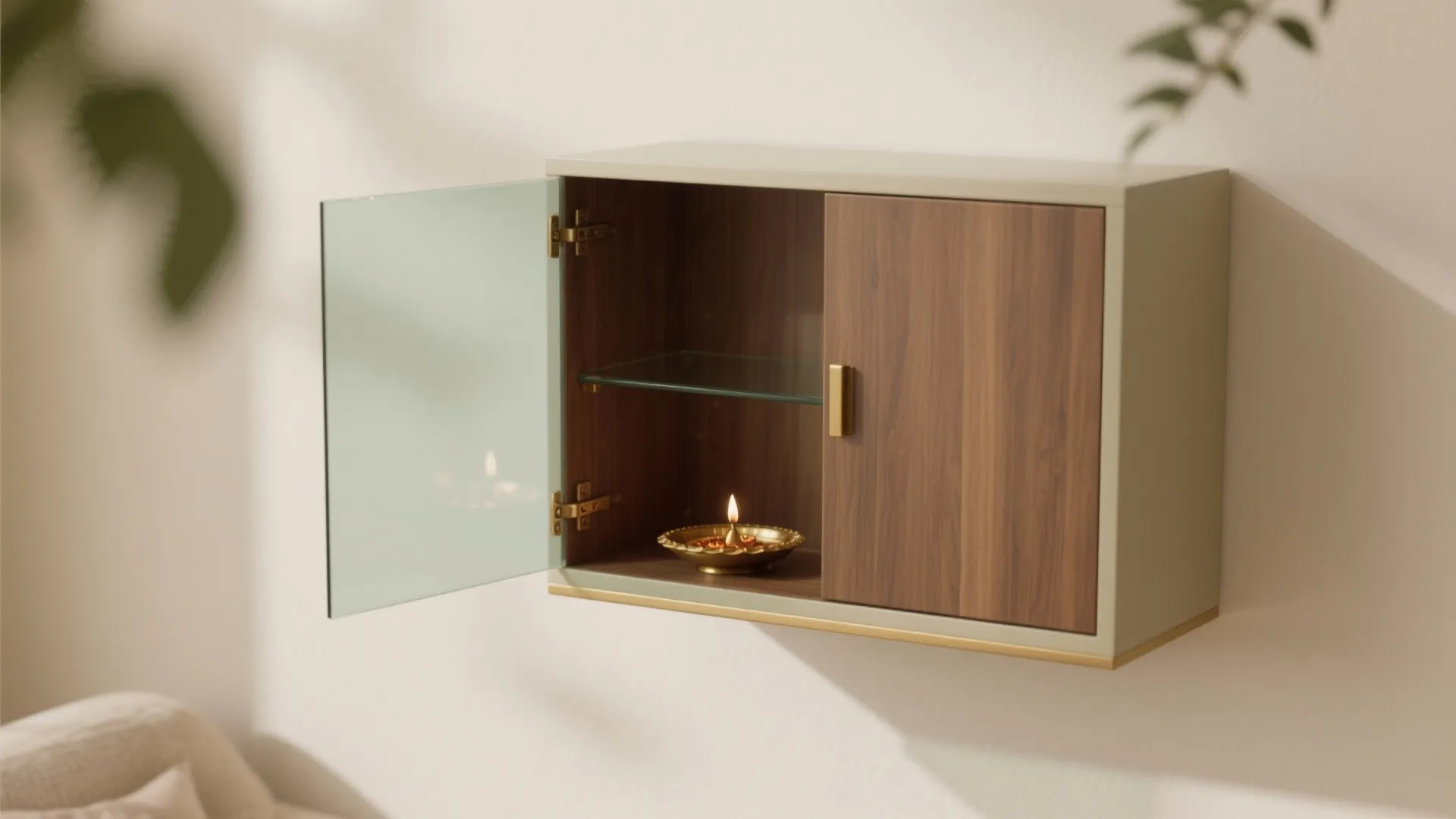Wall-mounted minimal mandir with hidden storage