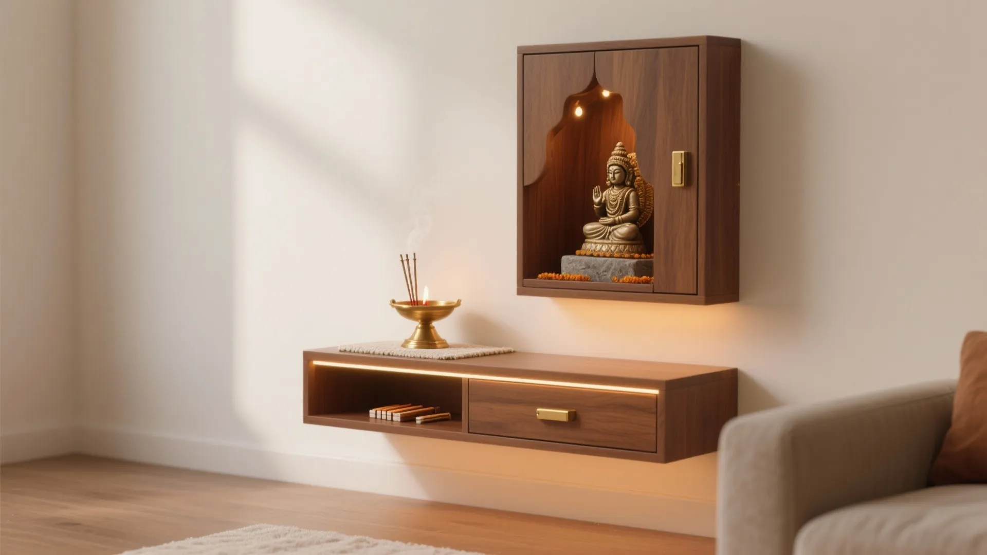 Modern wall mounted wooden cabinet with a small golden statue and a burning incense holder