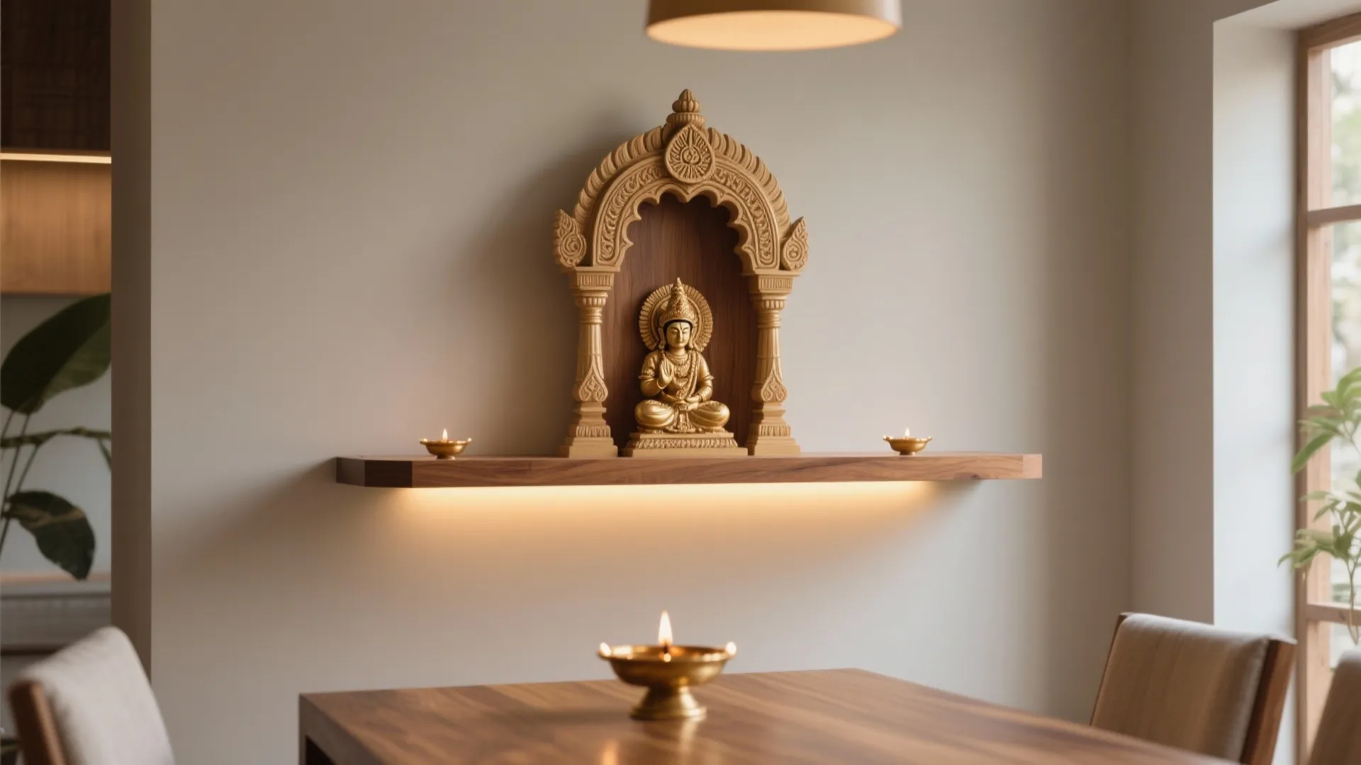 4) Wall-Mounted Mandir with Minimal Crown Detailing