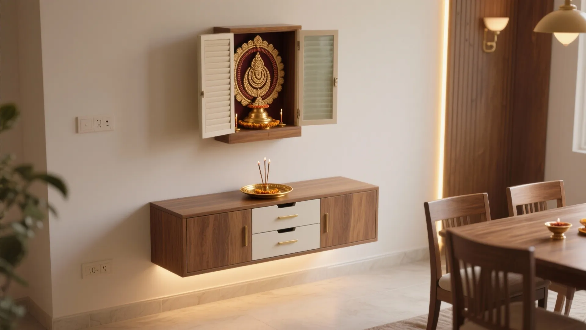 Wall-Mounted Mandir with Hidden Storage