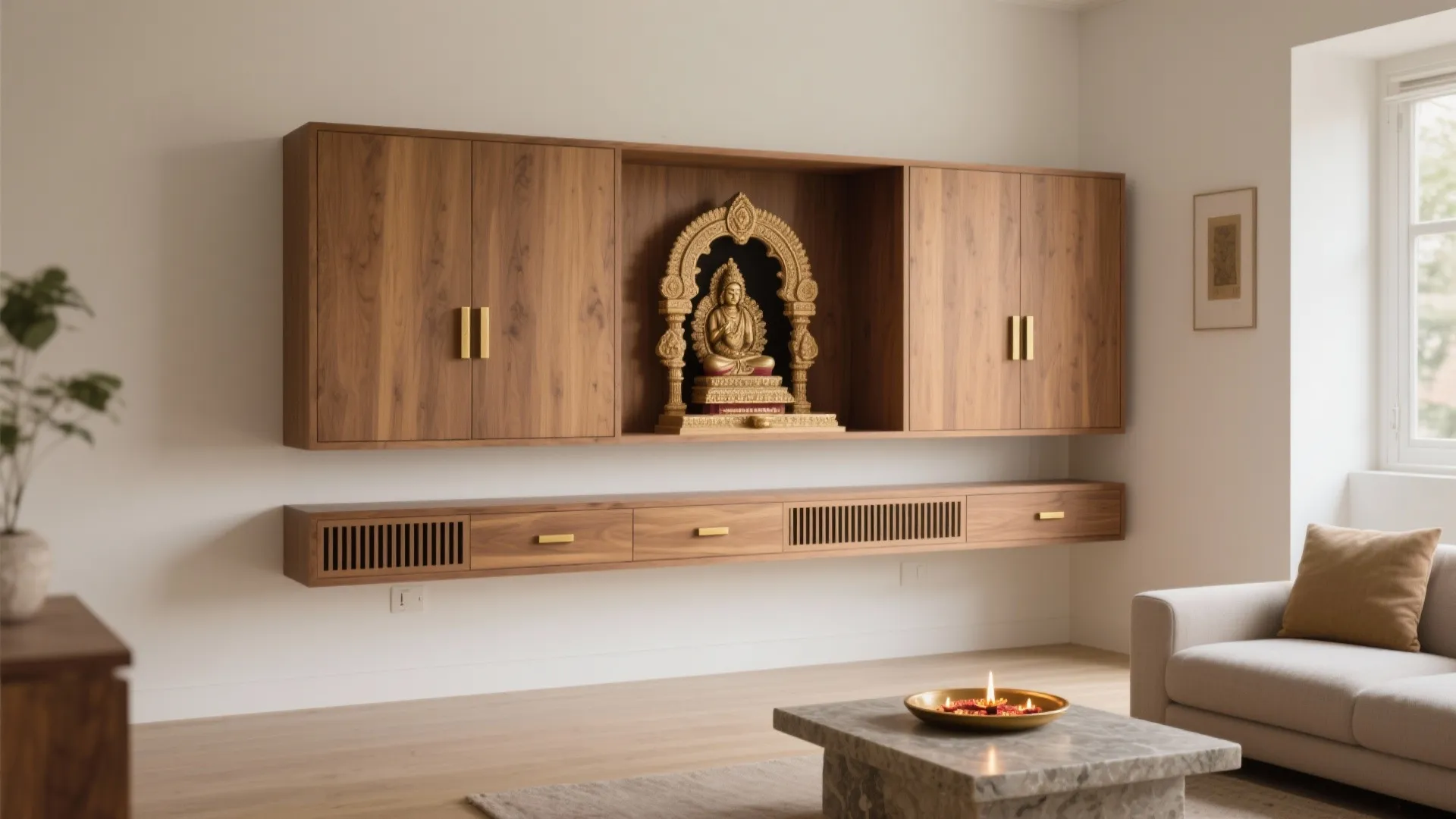 Minimal wall-mounted mandir with hidden storage in a compact living room, handle-less doors, soft-close drawers, warm wood and brass.