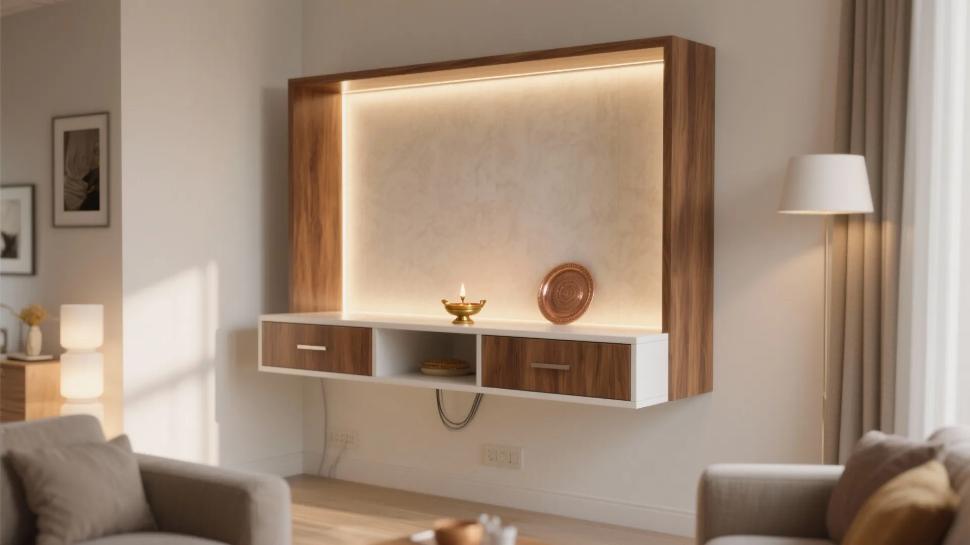 Wall-Mounted Mandir with Hidden Storage