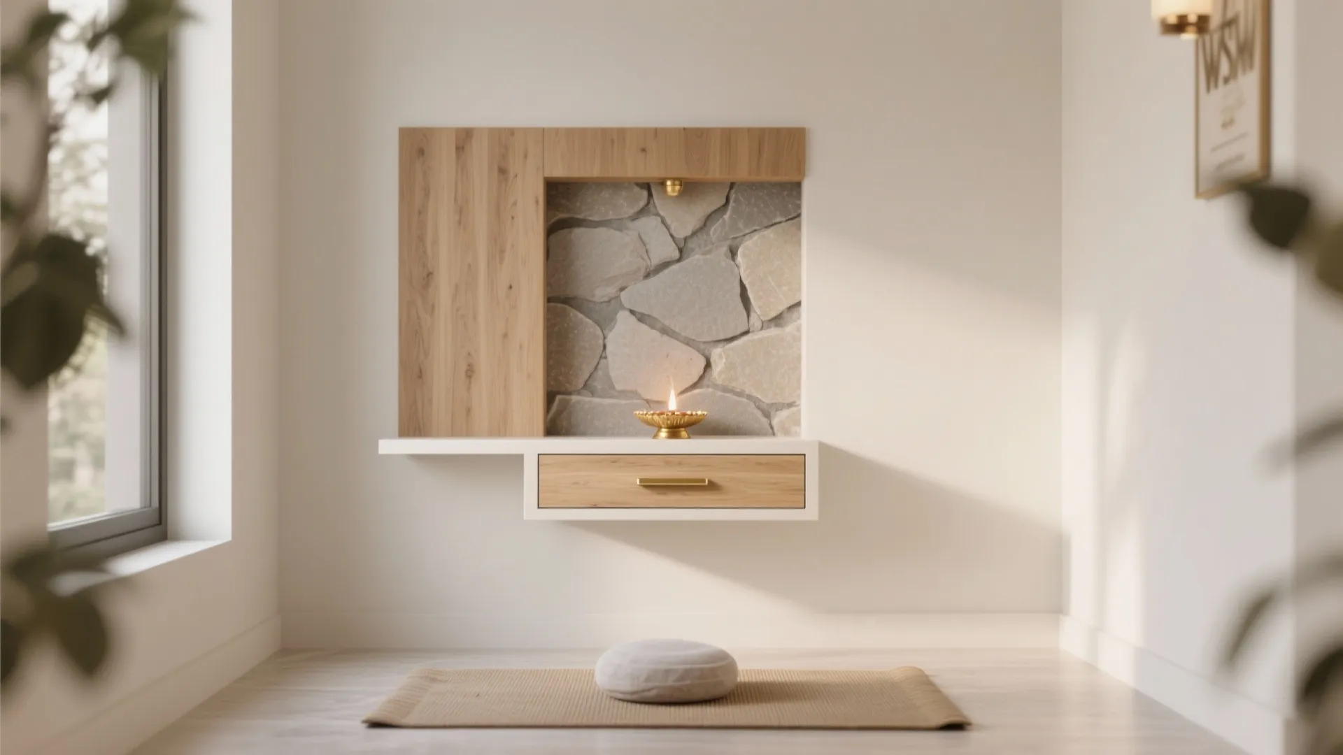 Minimalist wall mounted wooden shelf with stone background and floor mat for a prayer area