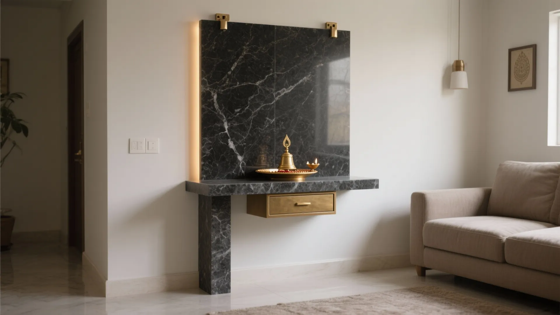 Wall mounted black marble prayer altar with golden drawer small bell and beige sofa nearby home