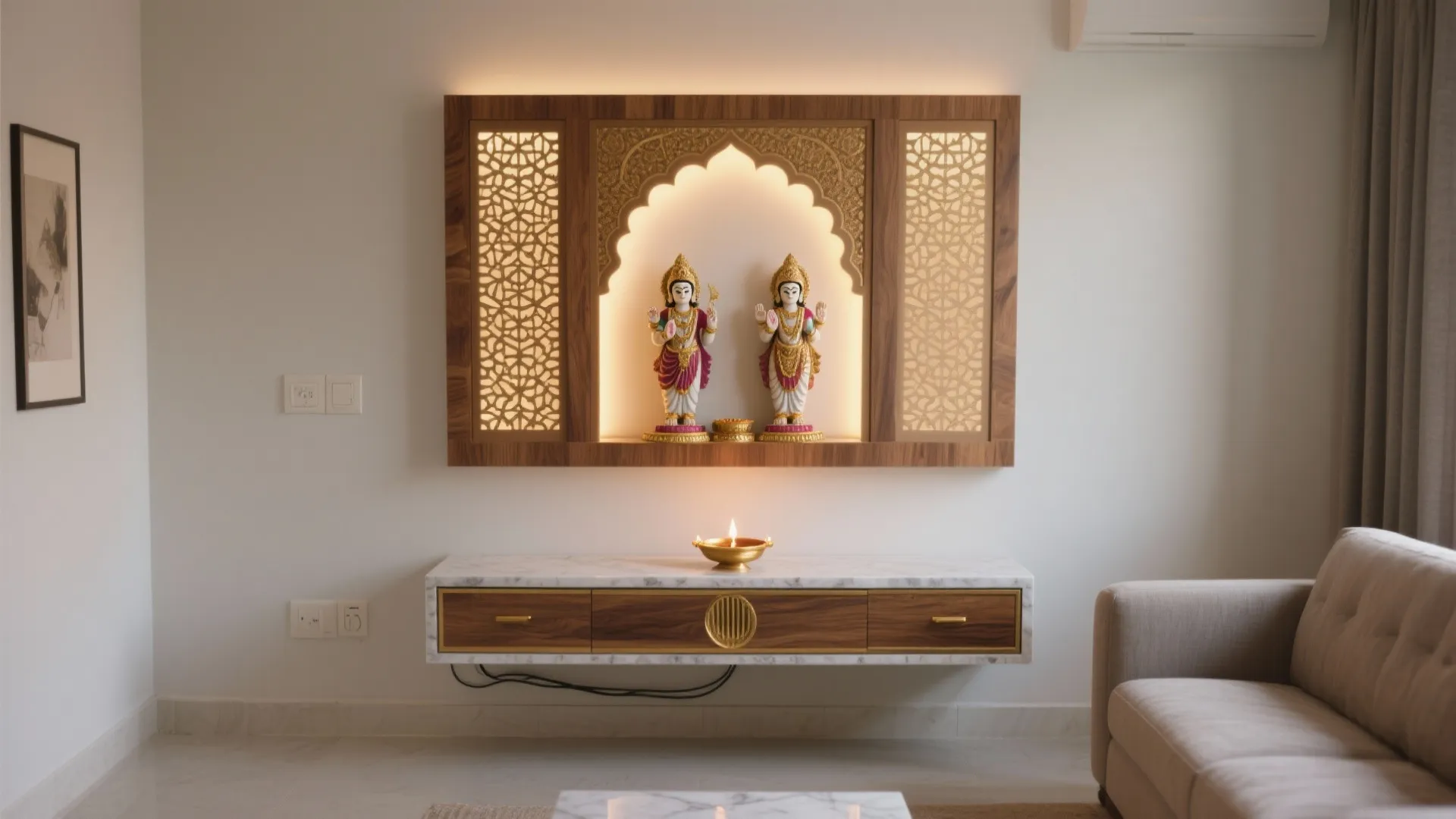 Wall-Mounted Mandir with Backlit Jaali