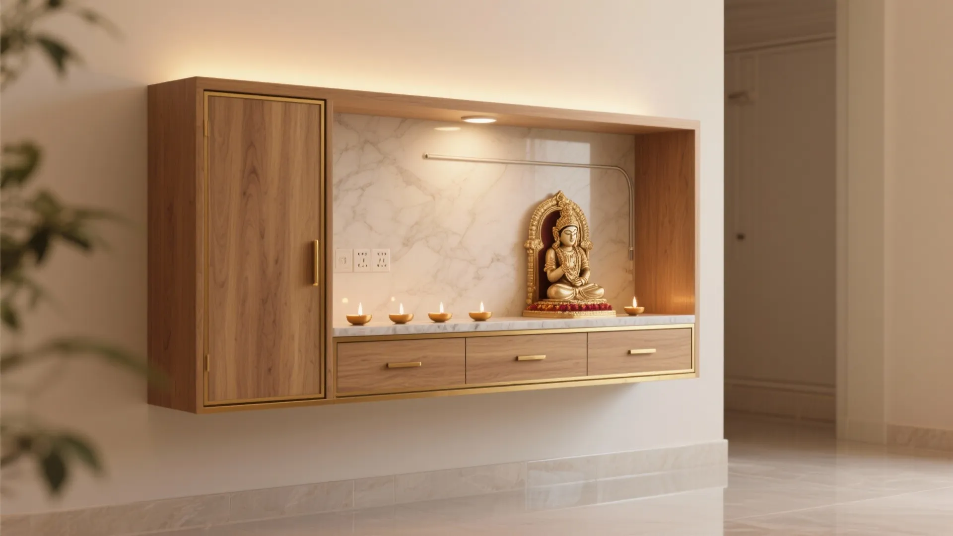Wall-Mounted Mandir With Hidden Storage