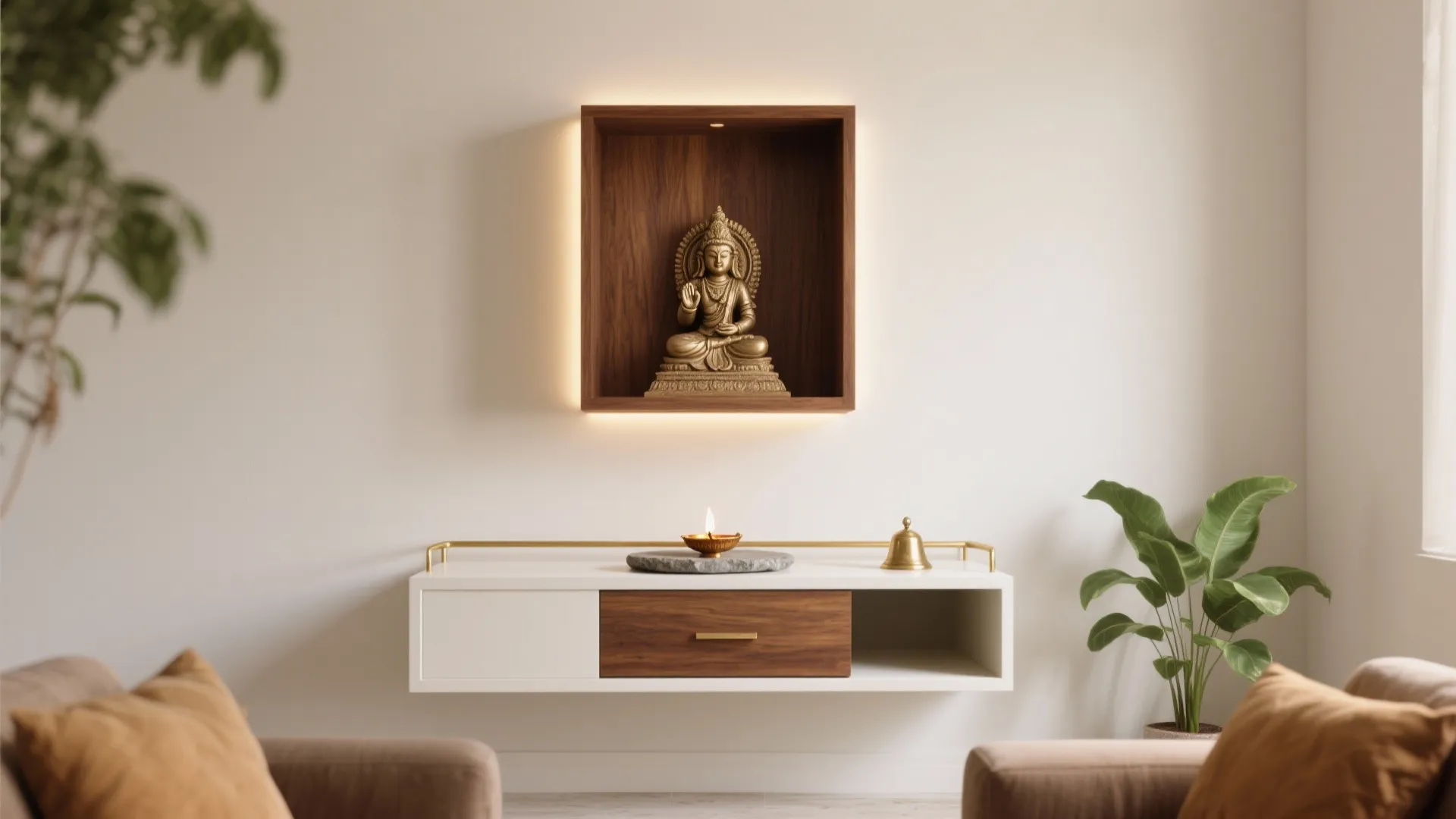 Minimal wall-mounted mandir with hidden storage