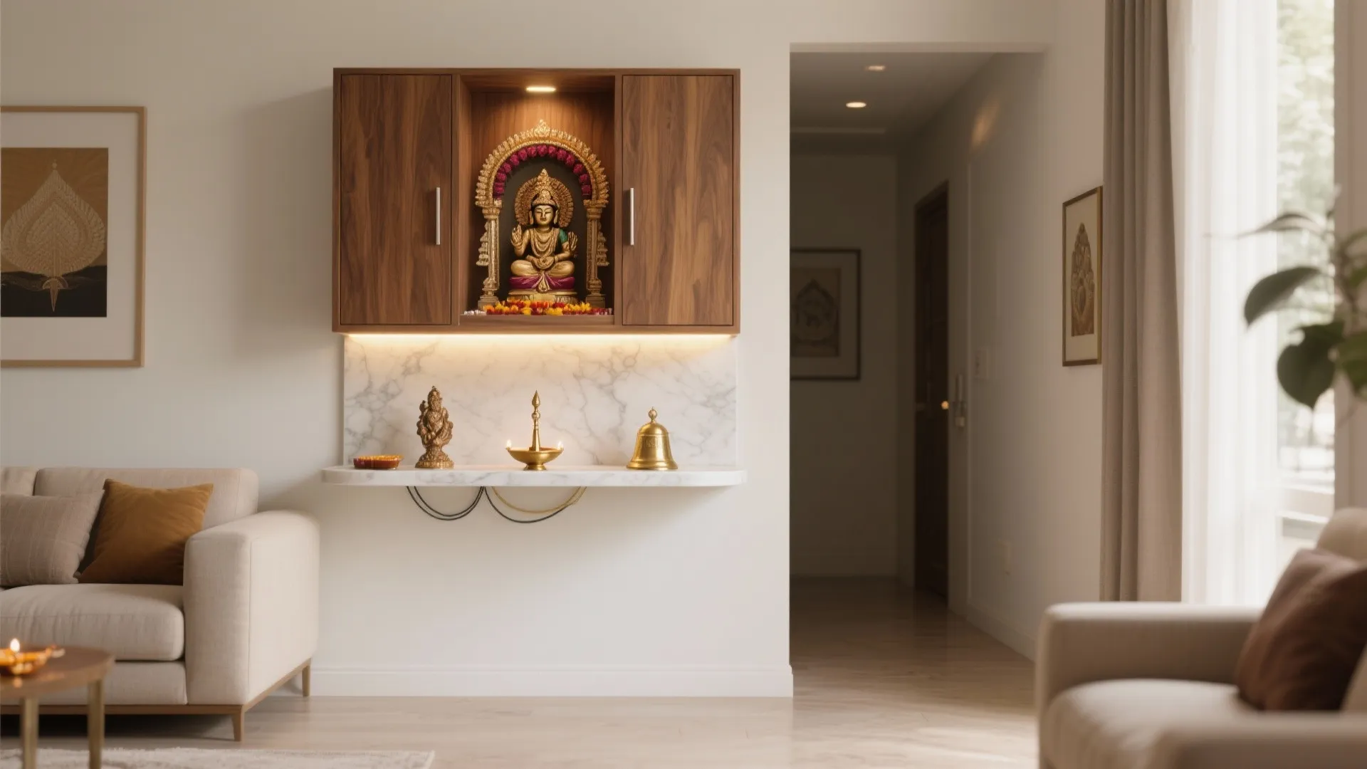 Wall-mounted mandir with hidden storage