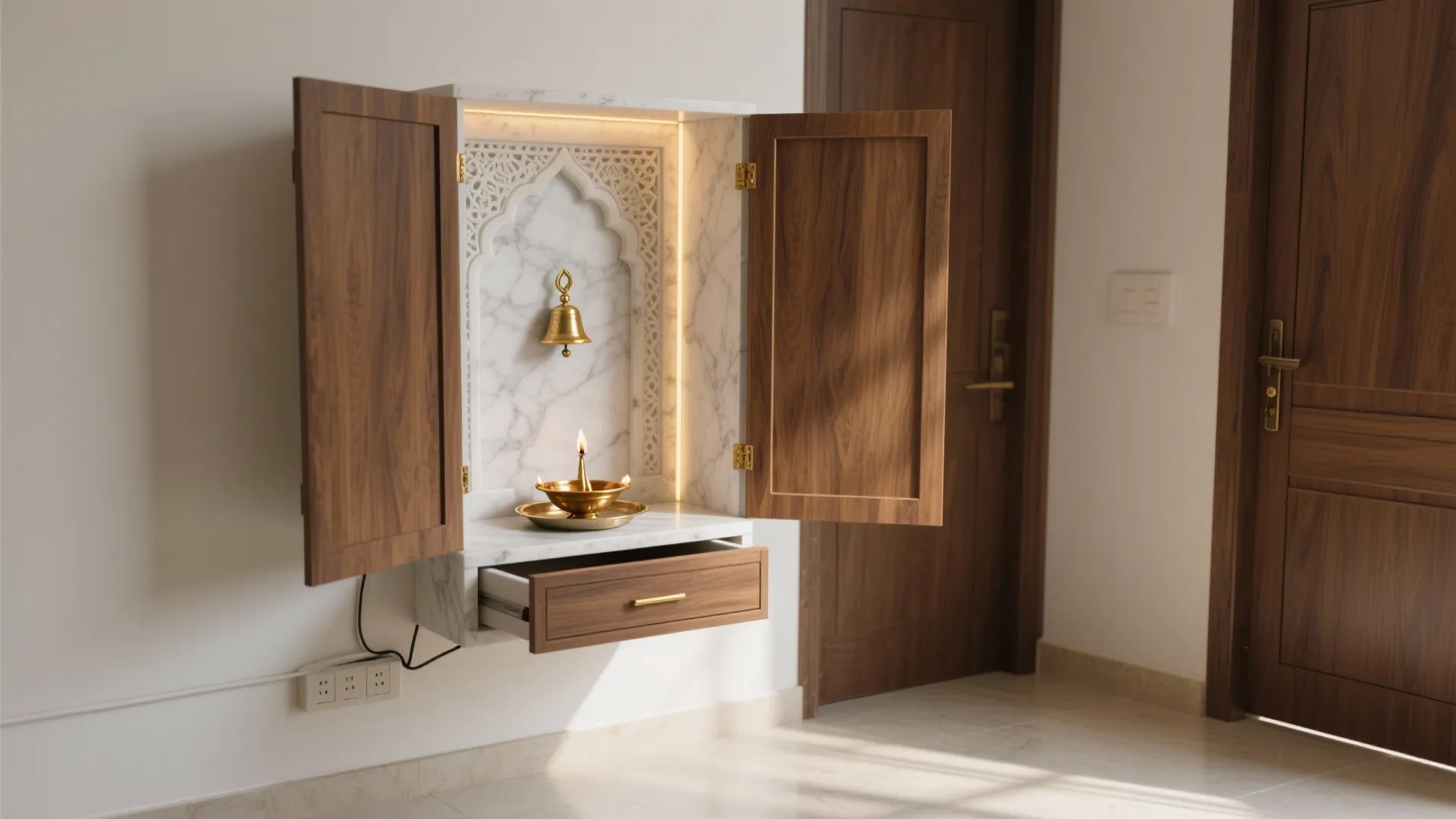 Compact Wall-Mounted Mandir with Concealed Storage