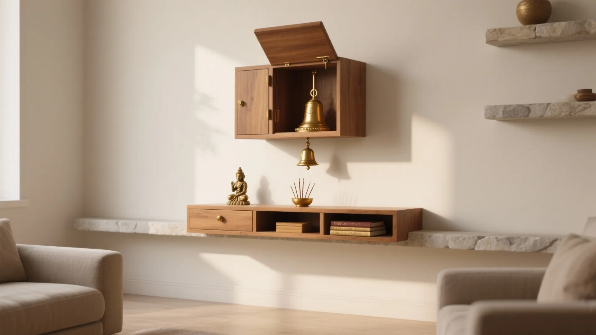 Modern wooden wall cabinet with bell decoration above a floating shelf and cozy white chairs