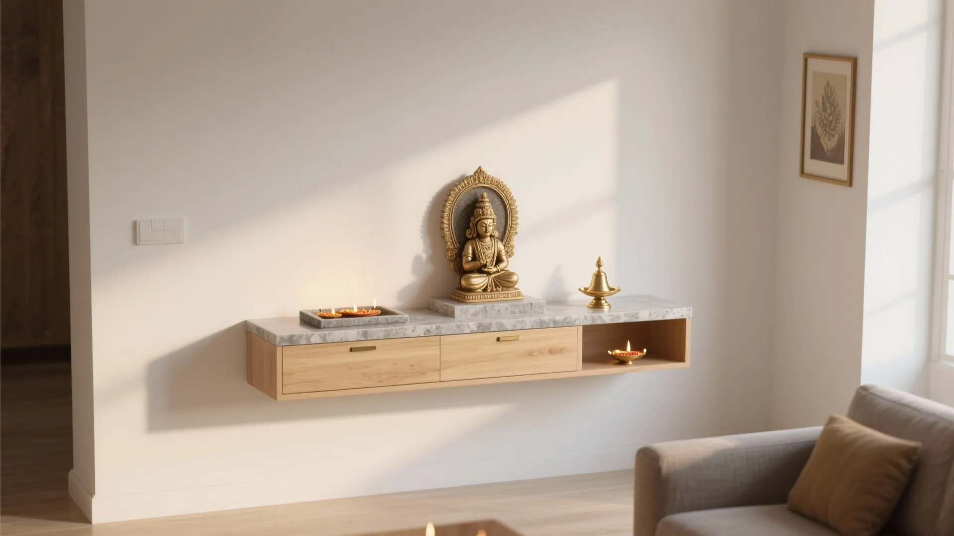 Minimal Wall-Mounted Mandir With Hidden Storage