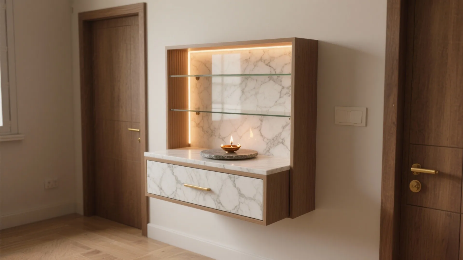 Minimal Wall-Mounted Mandir With Concealed Storage
