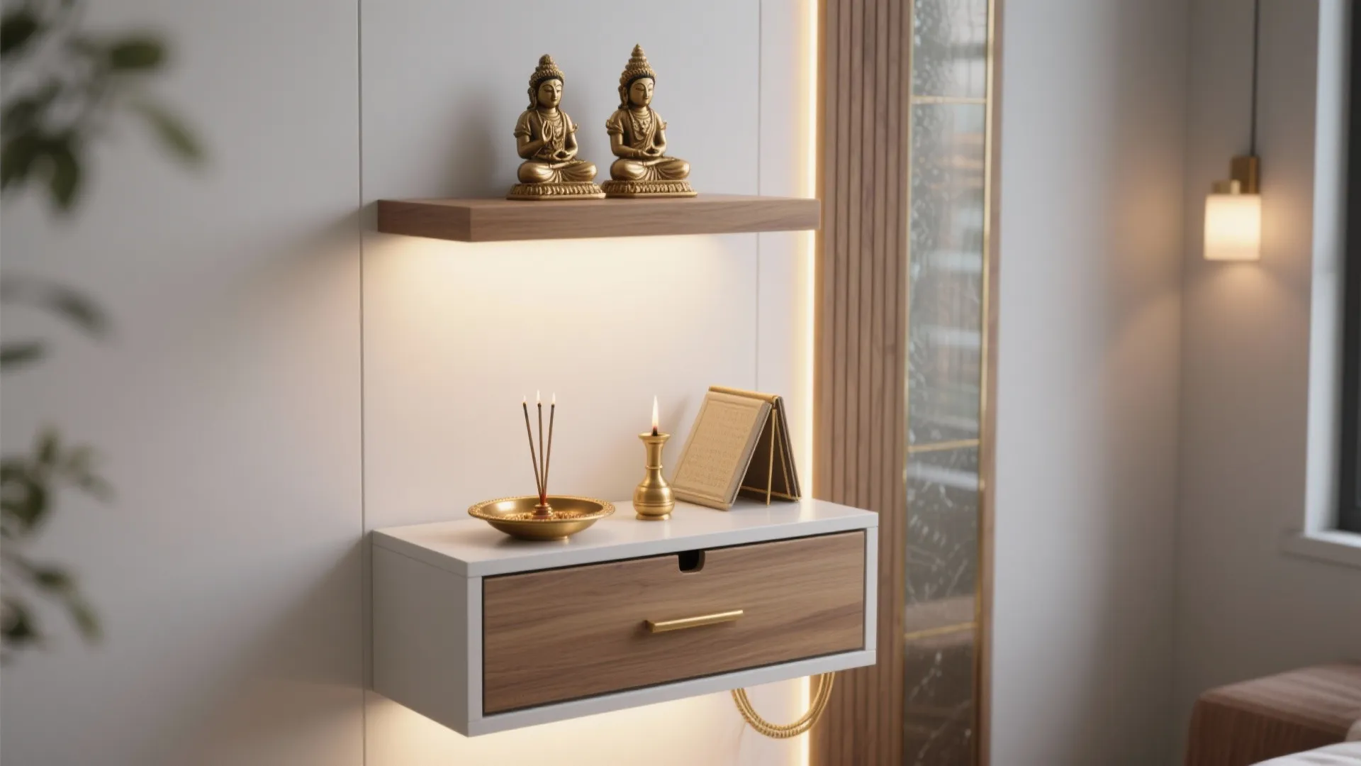 Minimal wall-mounted mandir with hidden storage