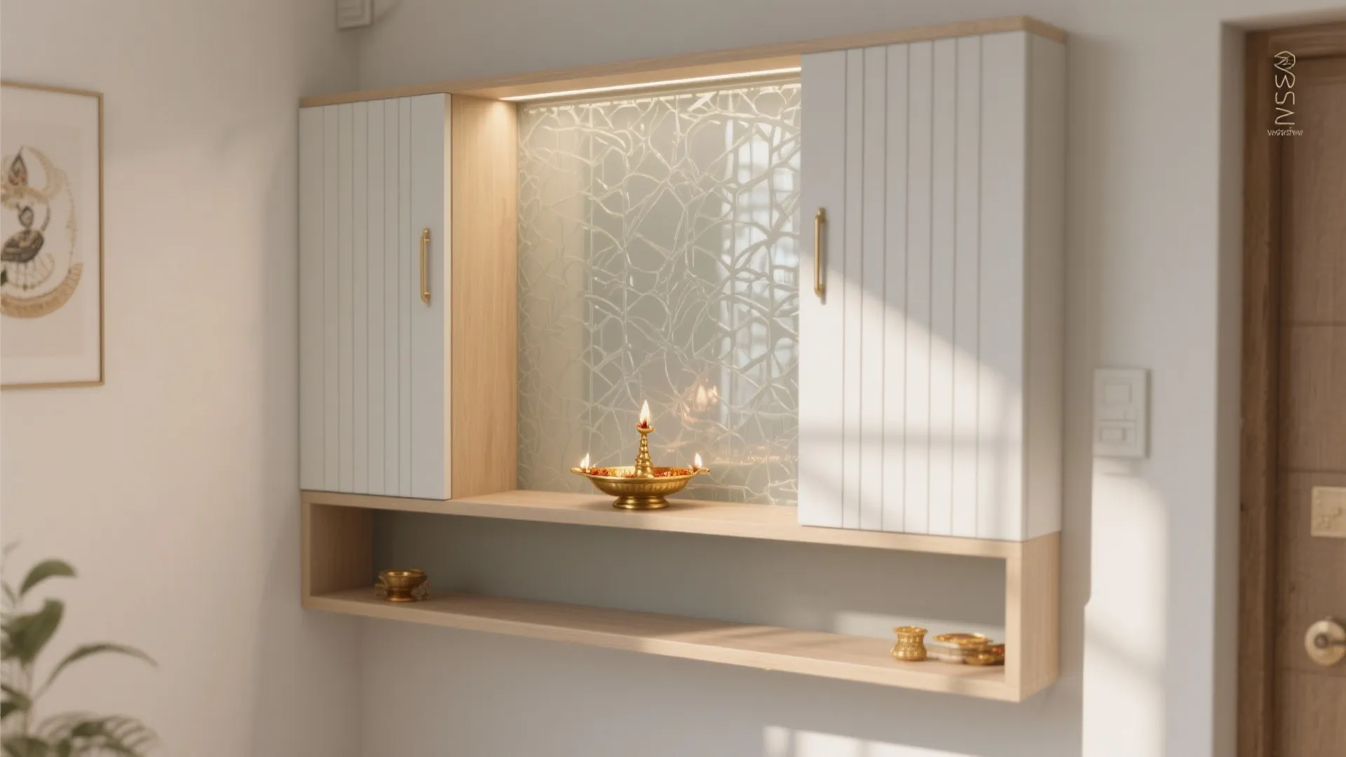 Modern wall mounted white and wood cabinet with gold handles and small lit candle bowl