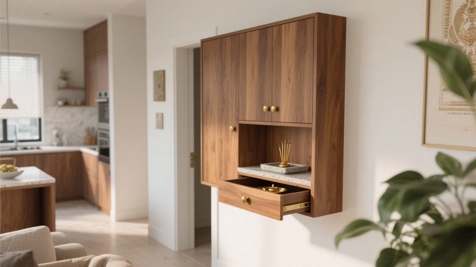 Minimal Wall-Mounted Mandir with Hidden Storage