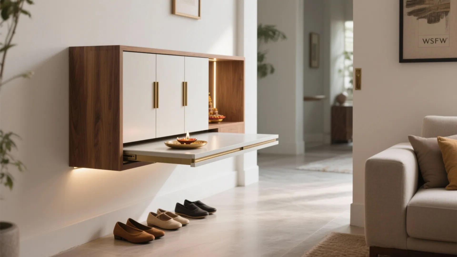 Modern wall cabinet with pull out tray holding a candle beside sofa and white wall
