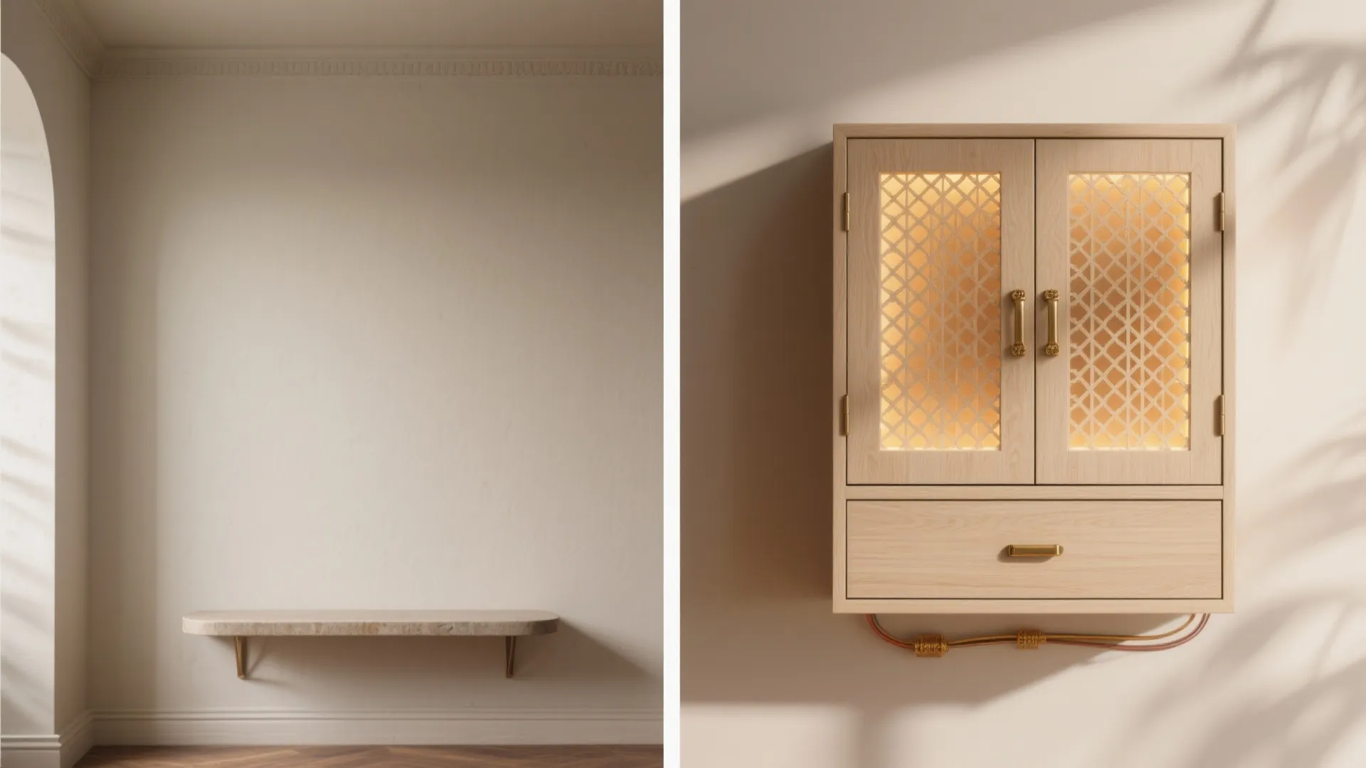 Minimal Wall-Mounted Mandir Cupboard with Backlit Jaali