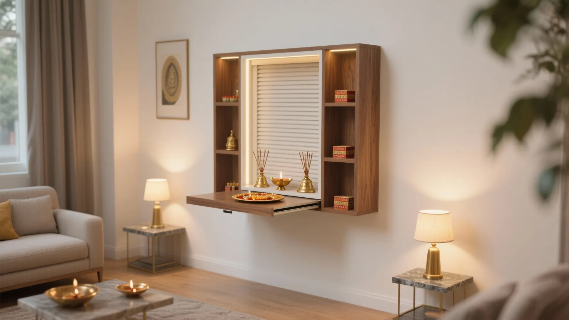 Wall-Mounted Pooja Cabinet With Concealed Storage