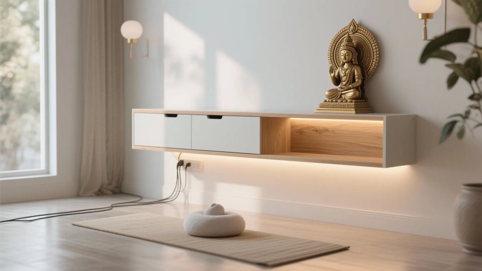 Wall-Mounted Mandir With Floating Drawers