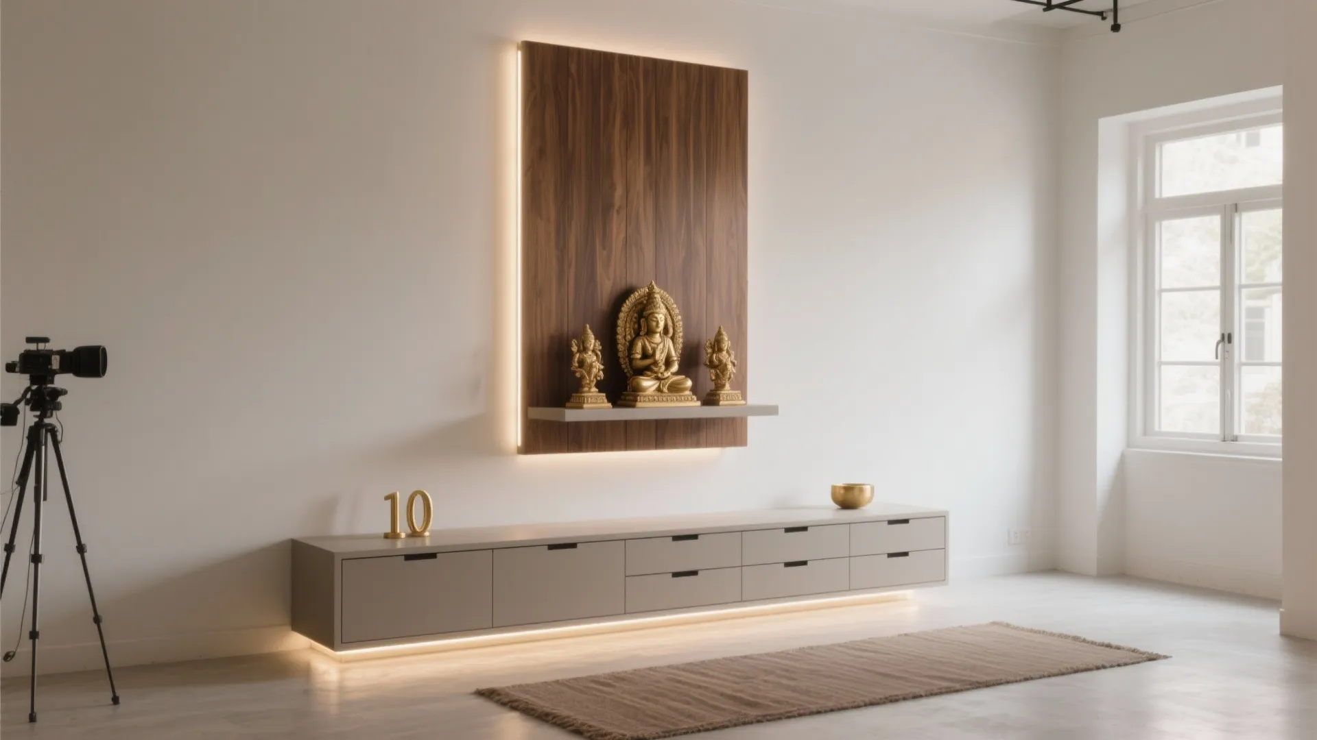 Minimal wall-mounted mandir with floating storage