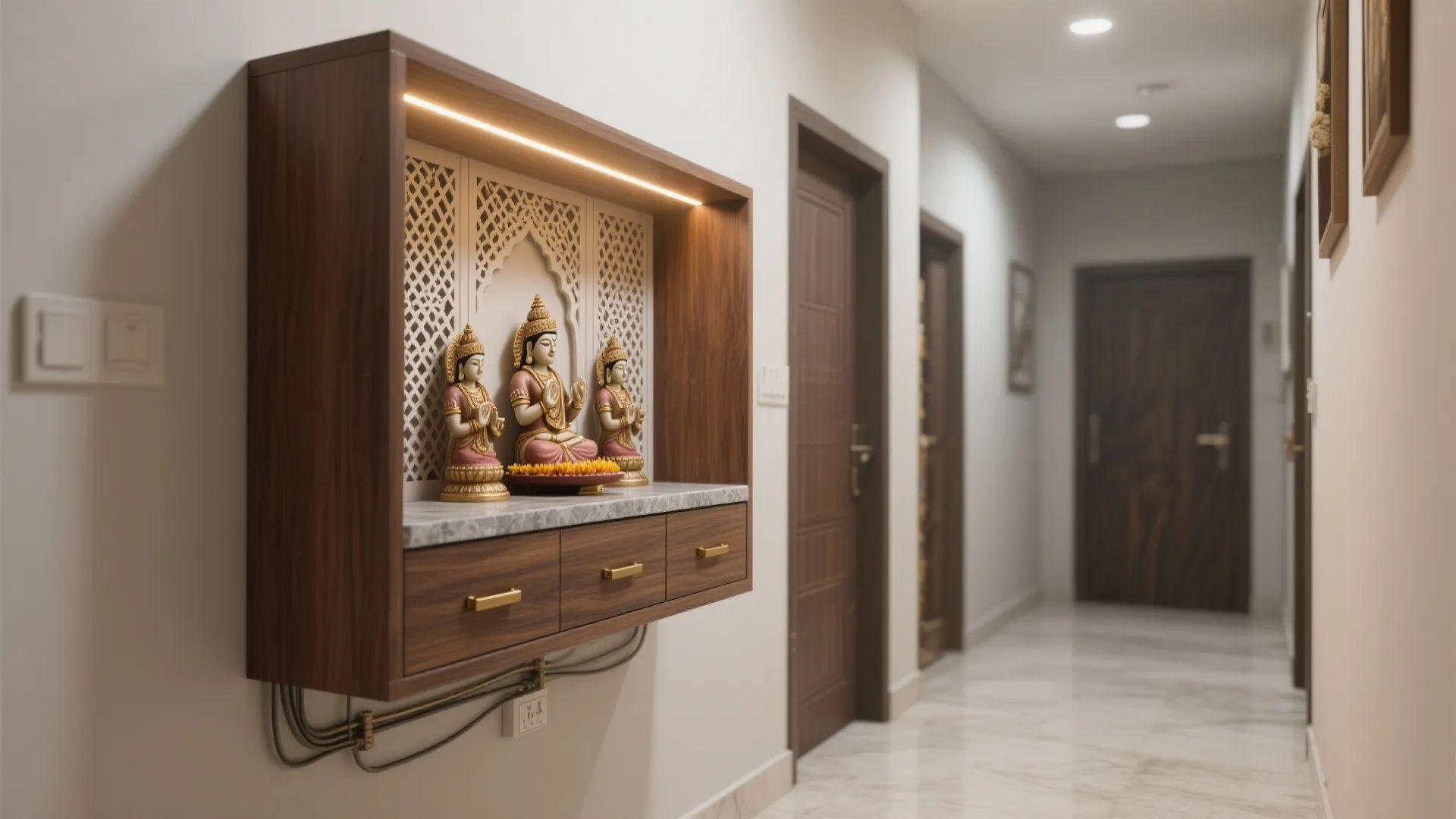 Wooden floating wall cabinet with three statues and warm light in a modern white hallway