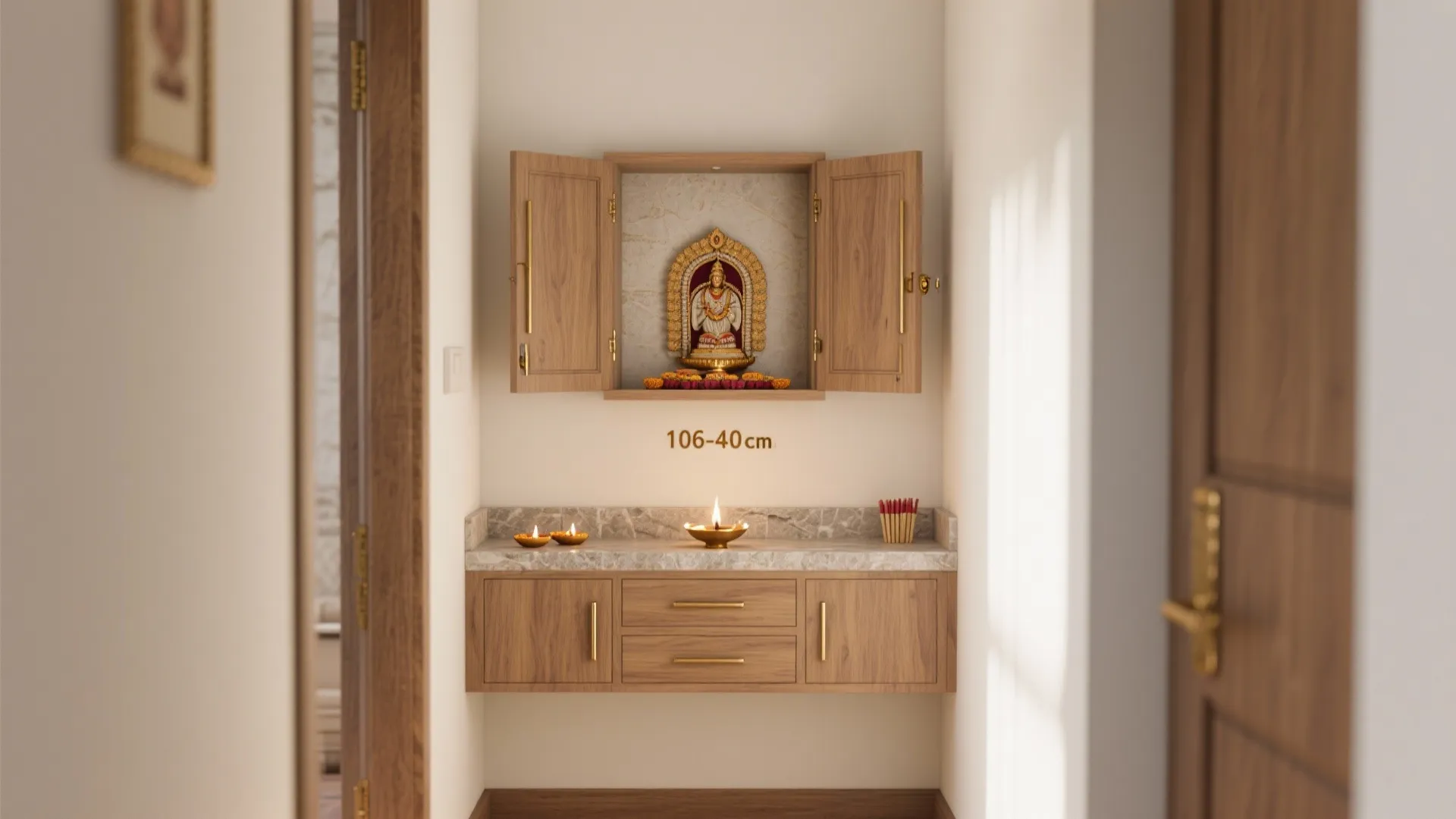 Wall mounted wooden cabinet with open doors and a small gold statue on marble shelf