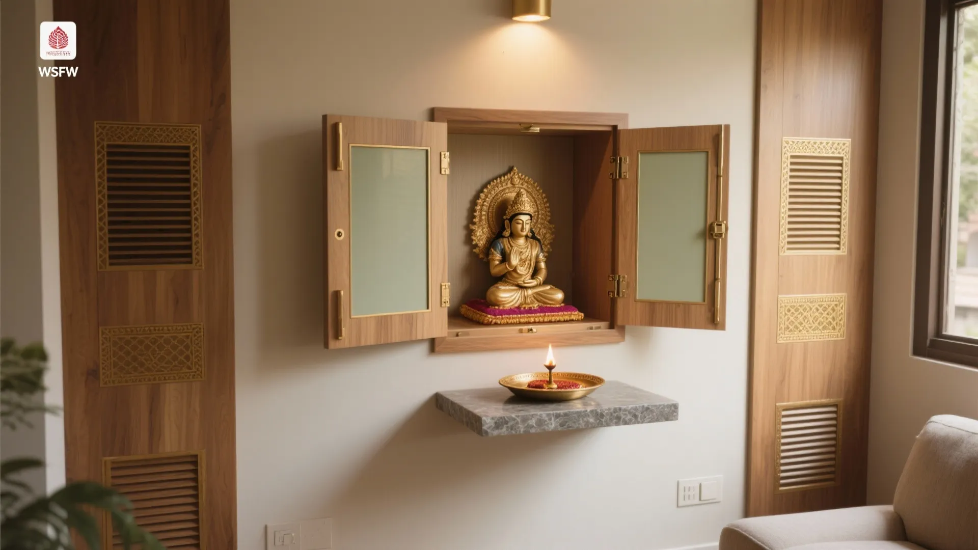 Wall-Mounted Mandir With Fold-Down Doors