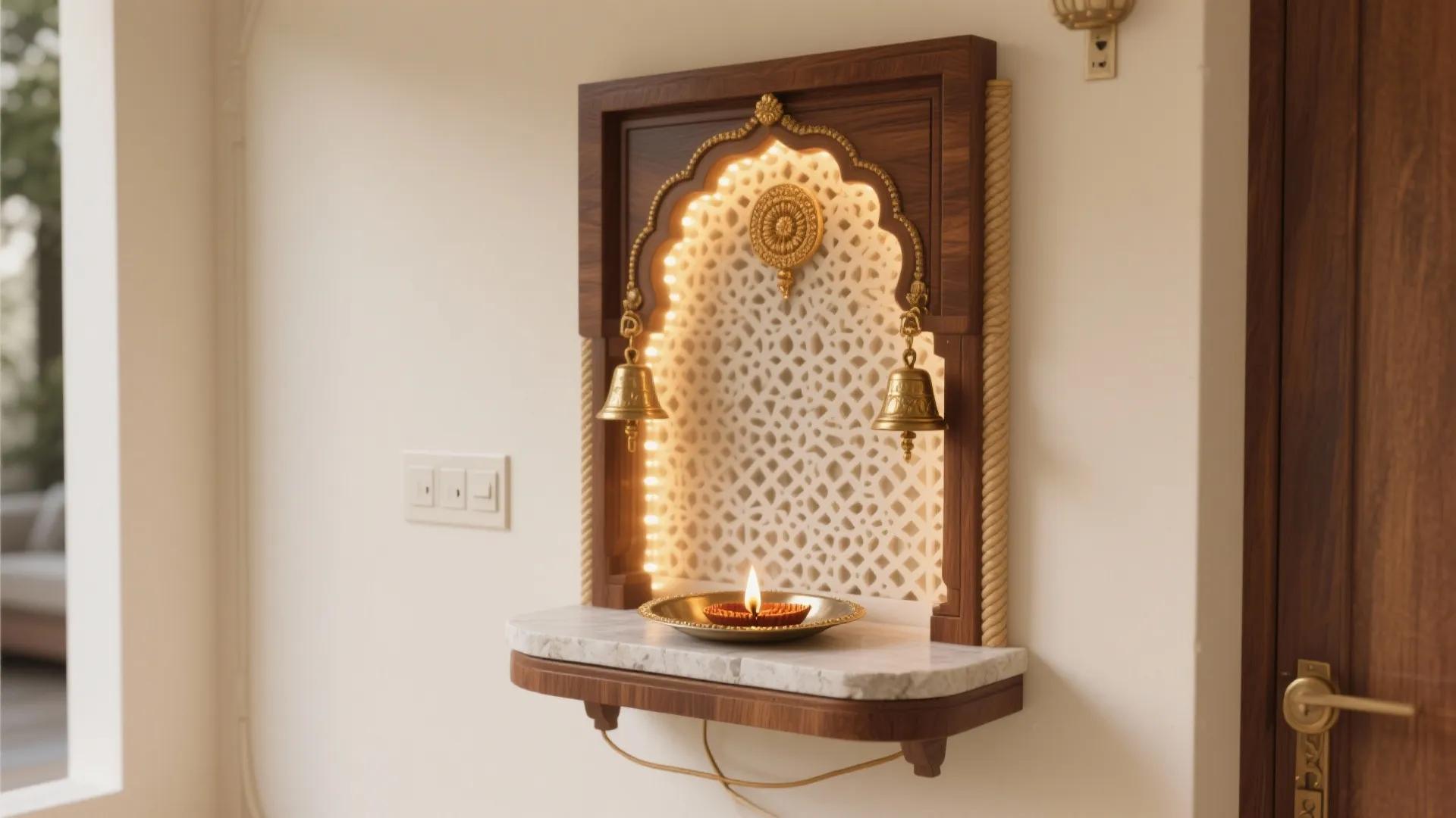 Wall mounted wooden prayer shelf with glowing lights brass bells marble top and small oil lamp