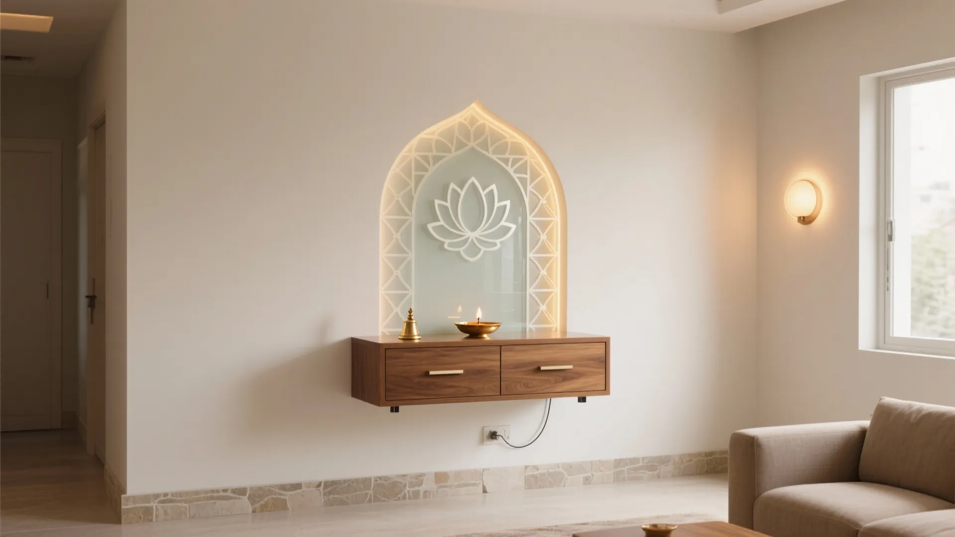 Modern wall mounted wooden cabinet with lit arch and lotus design in bright living room