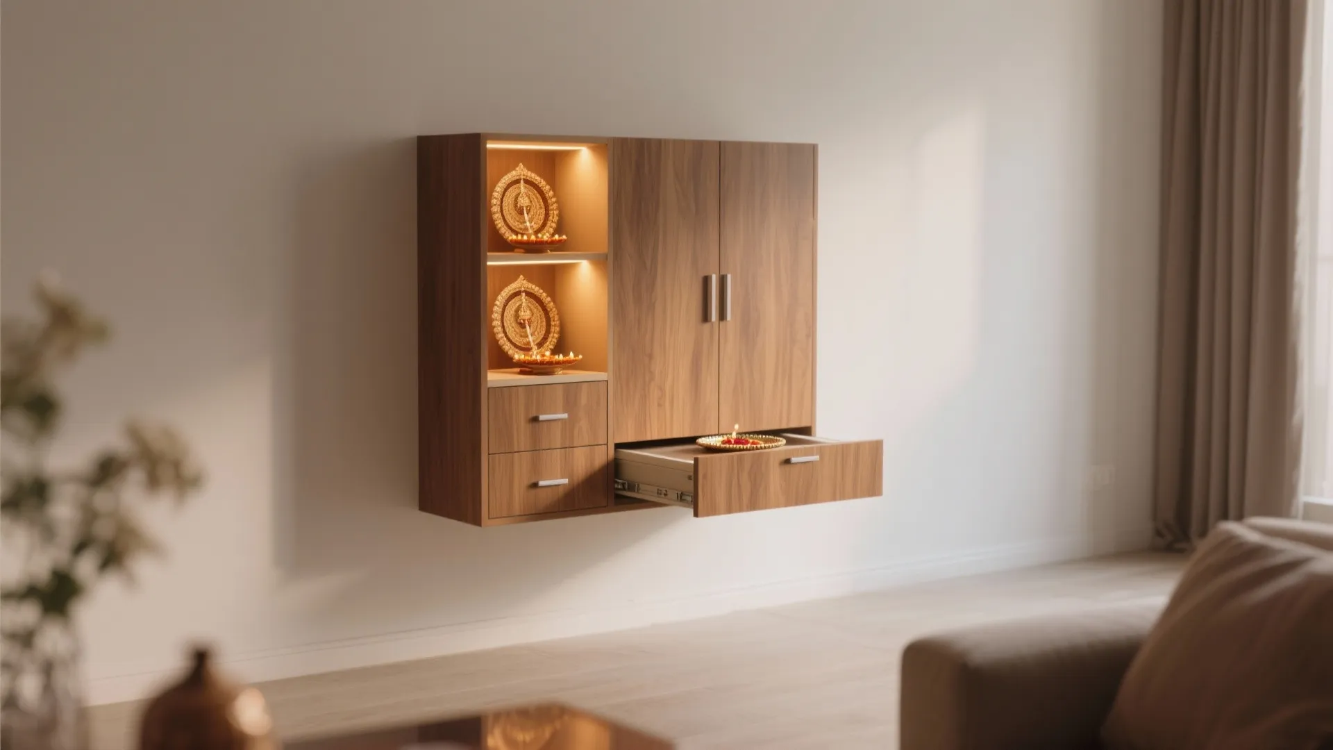 Minimal Wall-Mounted Mandir with Hidden Storage
