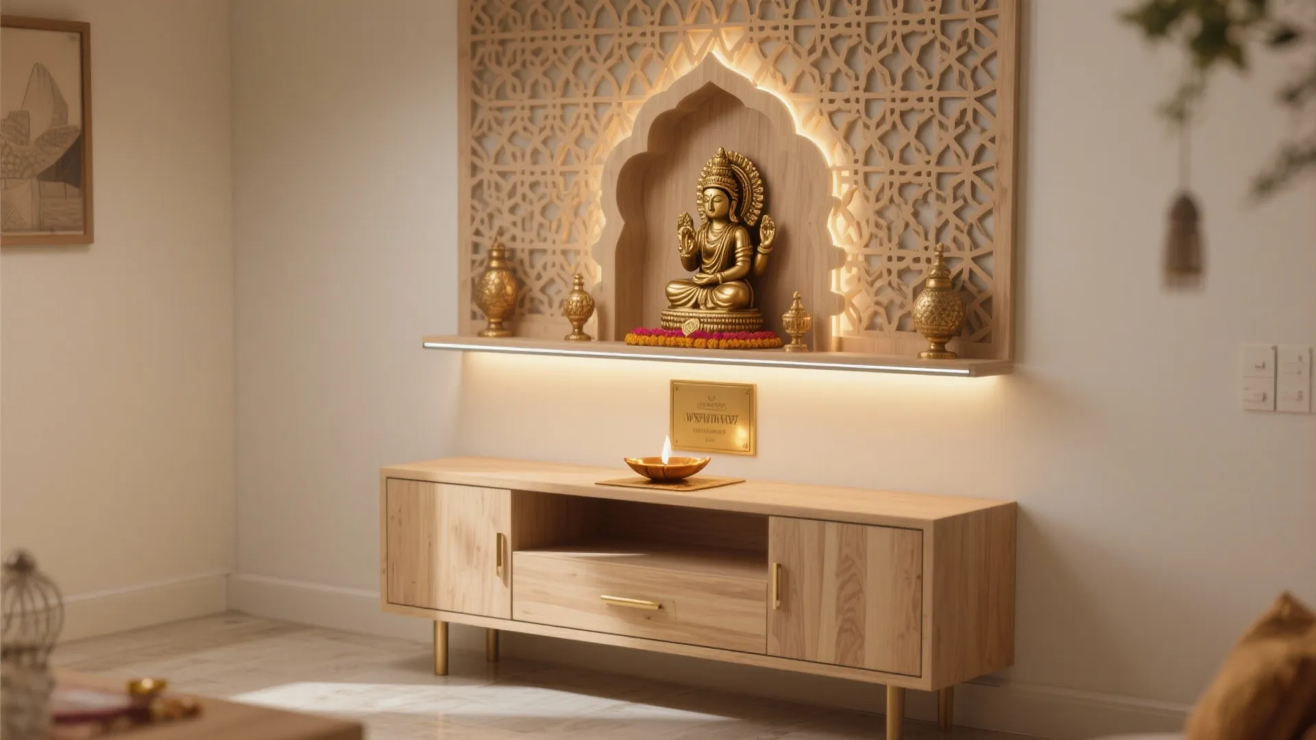 Wall‑Mounted Plywood Mandir with Backlit Jaali