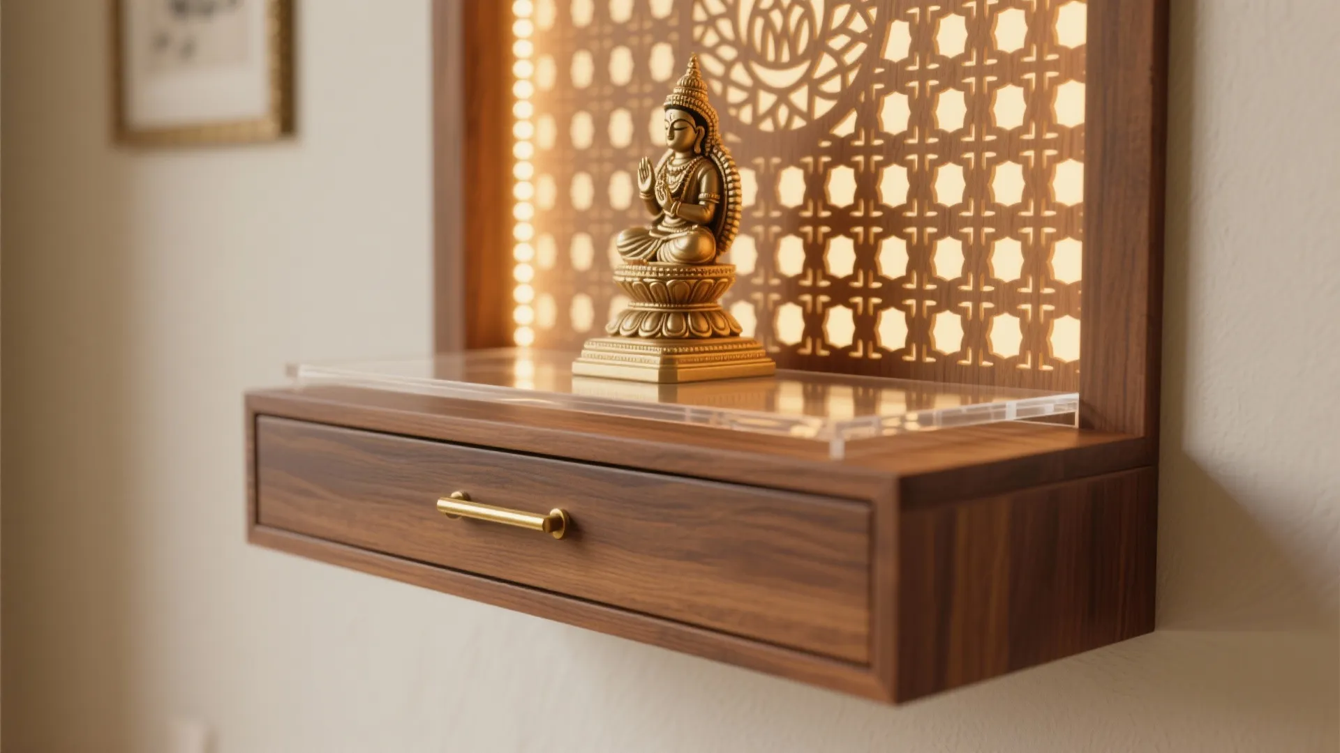 1) Minimal Wall-Mounted Mandir With Backlit Jaali