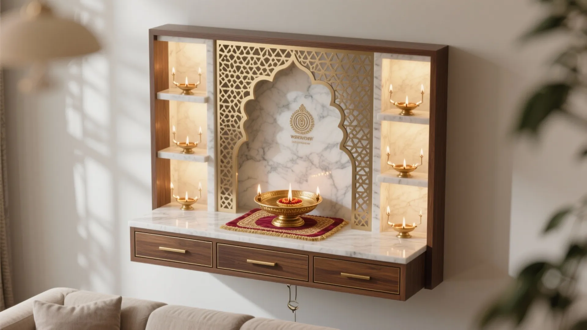 1) Wall-Mounted Mandir with Backlit Jali
