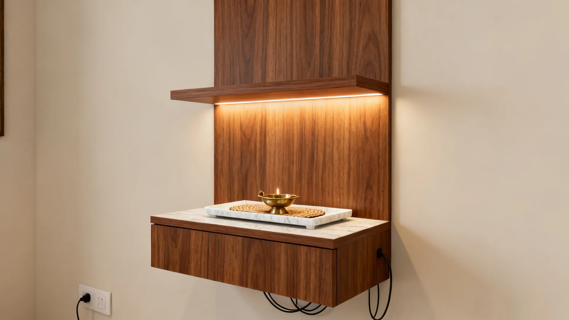 Wall-mounted teak pooja shelf with soft LED cove lighting over a minimal console.