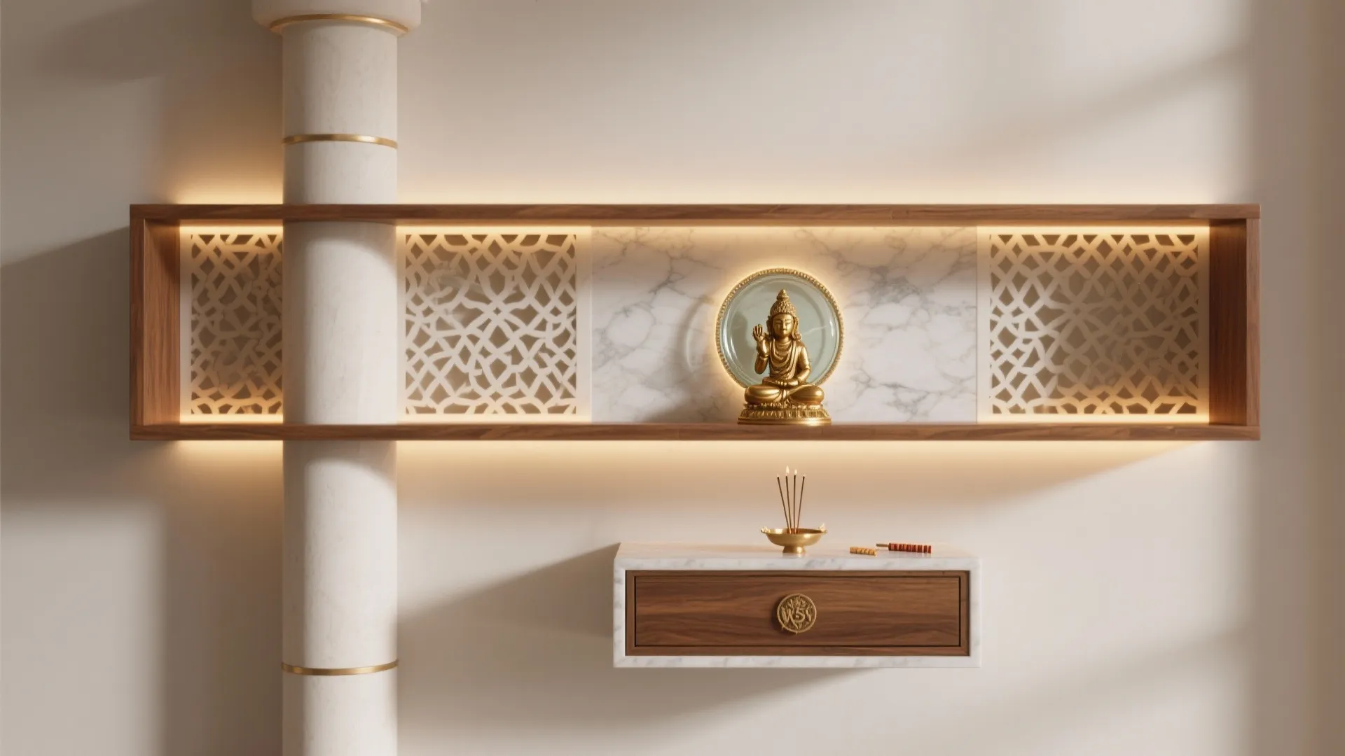 Modern prayer room with golden statue on wooden shelf marble wall panel and soft warm lighting