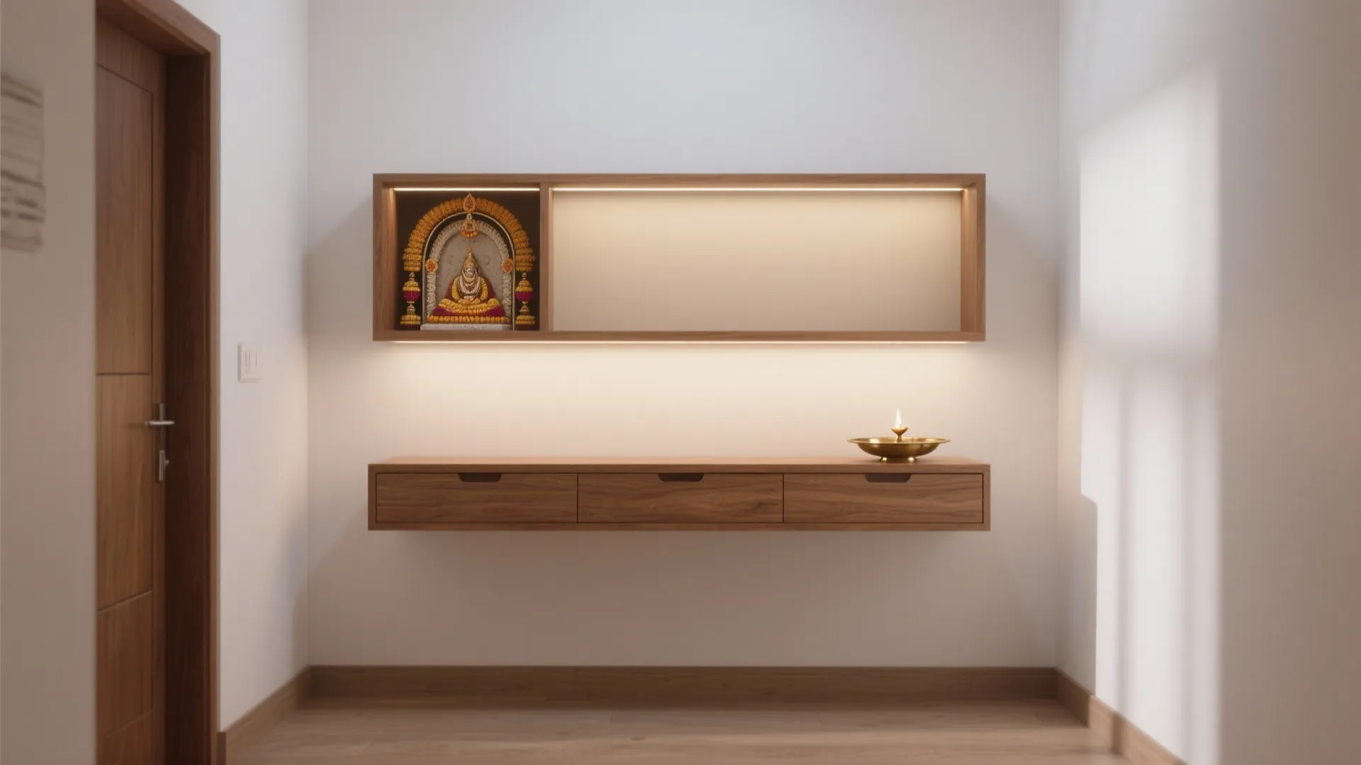 Modern wood wall cabinet with prayer area and drawer unit set against a white wall