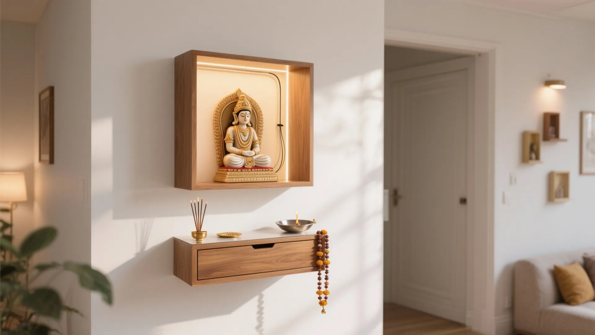 Minimal wall-mounted mandir with hidden storage