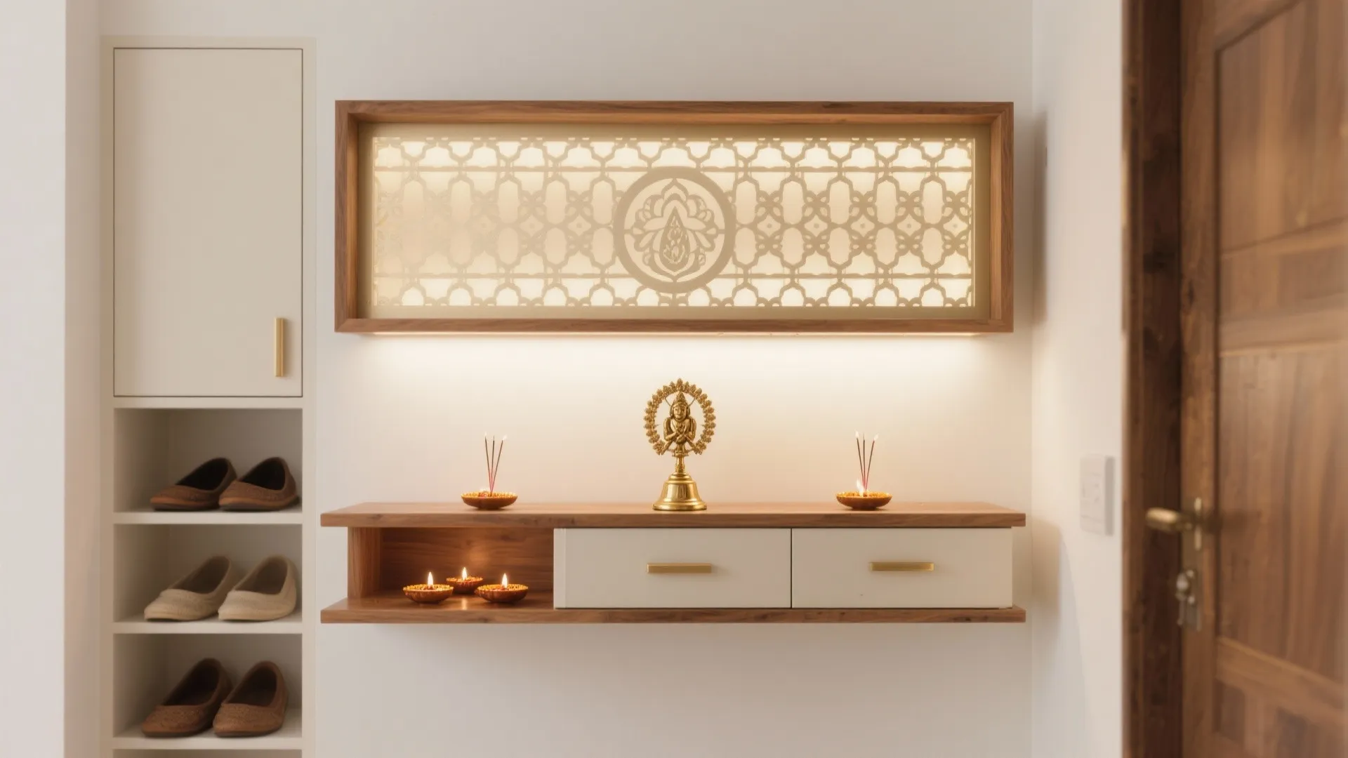 Minimal Wall-Mounted Mandir With Hidden Storage