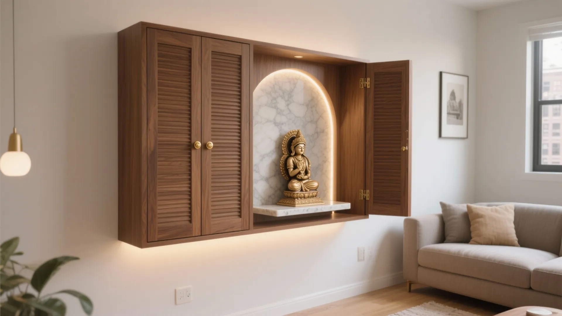 Wall mounted wooden cabinet with marble back and lights housing a golden statue in room