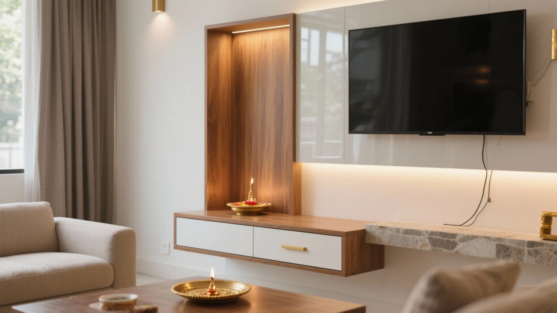 Minimal wall-mounted mandir for small living rooms