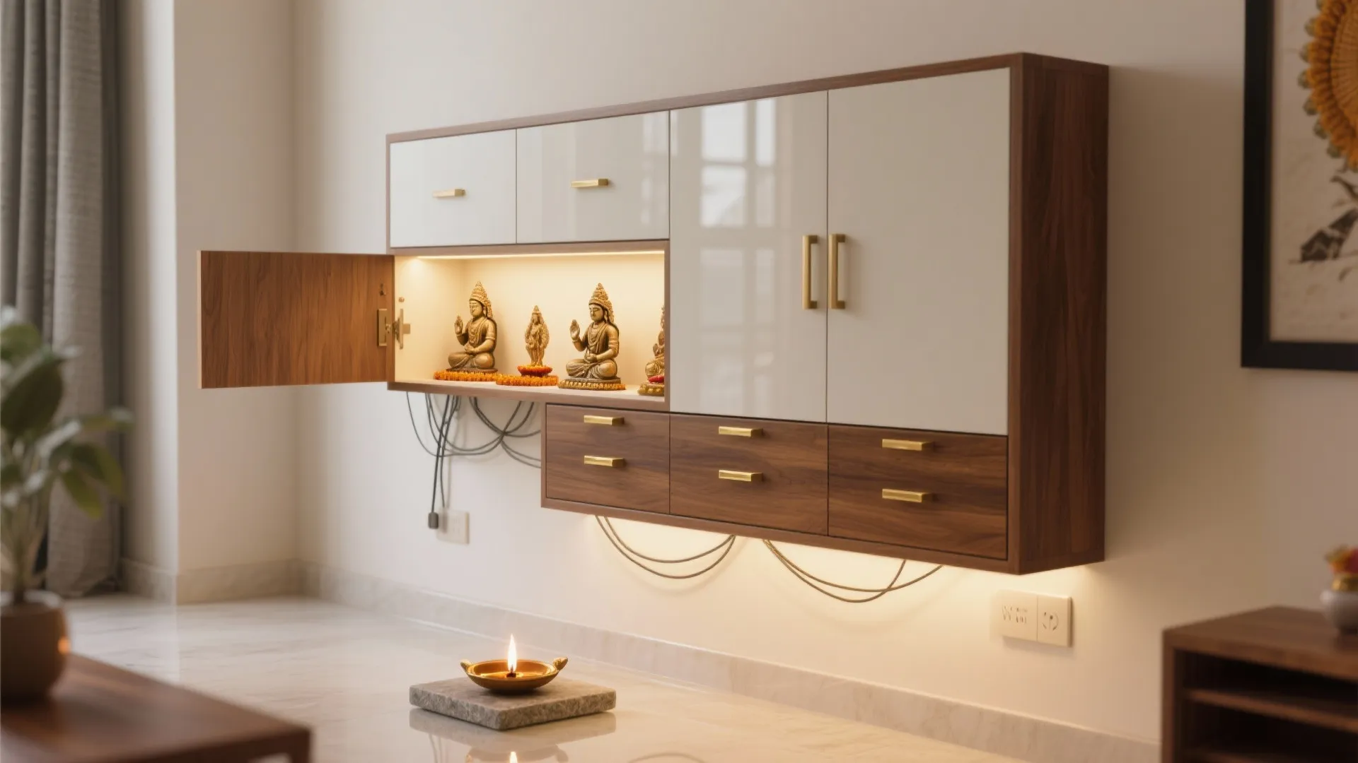 Wall-Mounted Minimal Mandir With Closed Storage