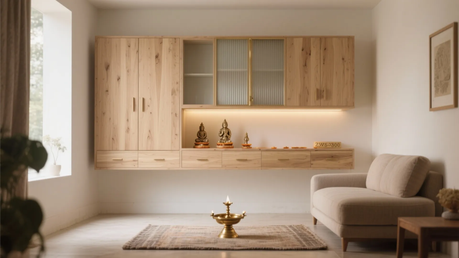 Minimalist wall-mounted mandir with hidden storage